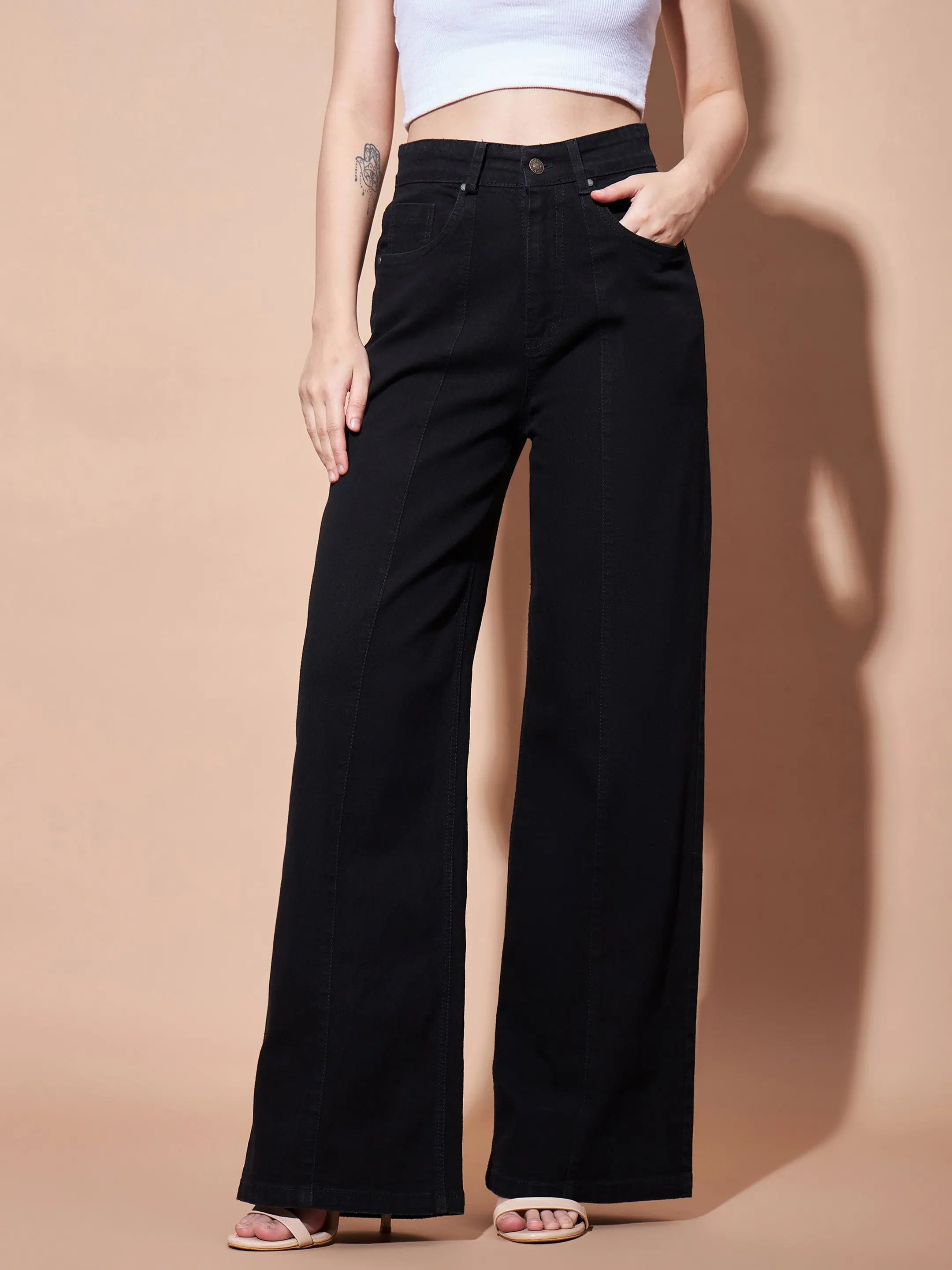 Black High Waist Seam Detail Jeans | Women's Straight Leg Denim