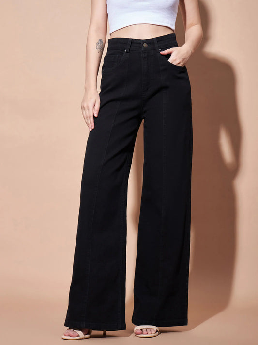 Women Black High Waist Seam Detail Straight Jeans 2160
