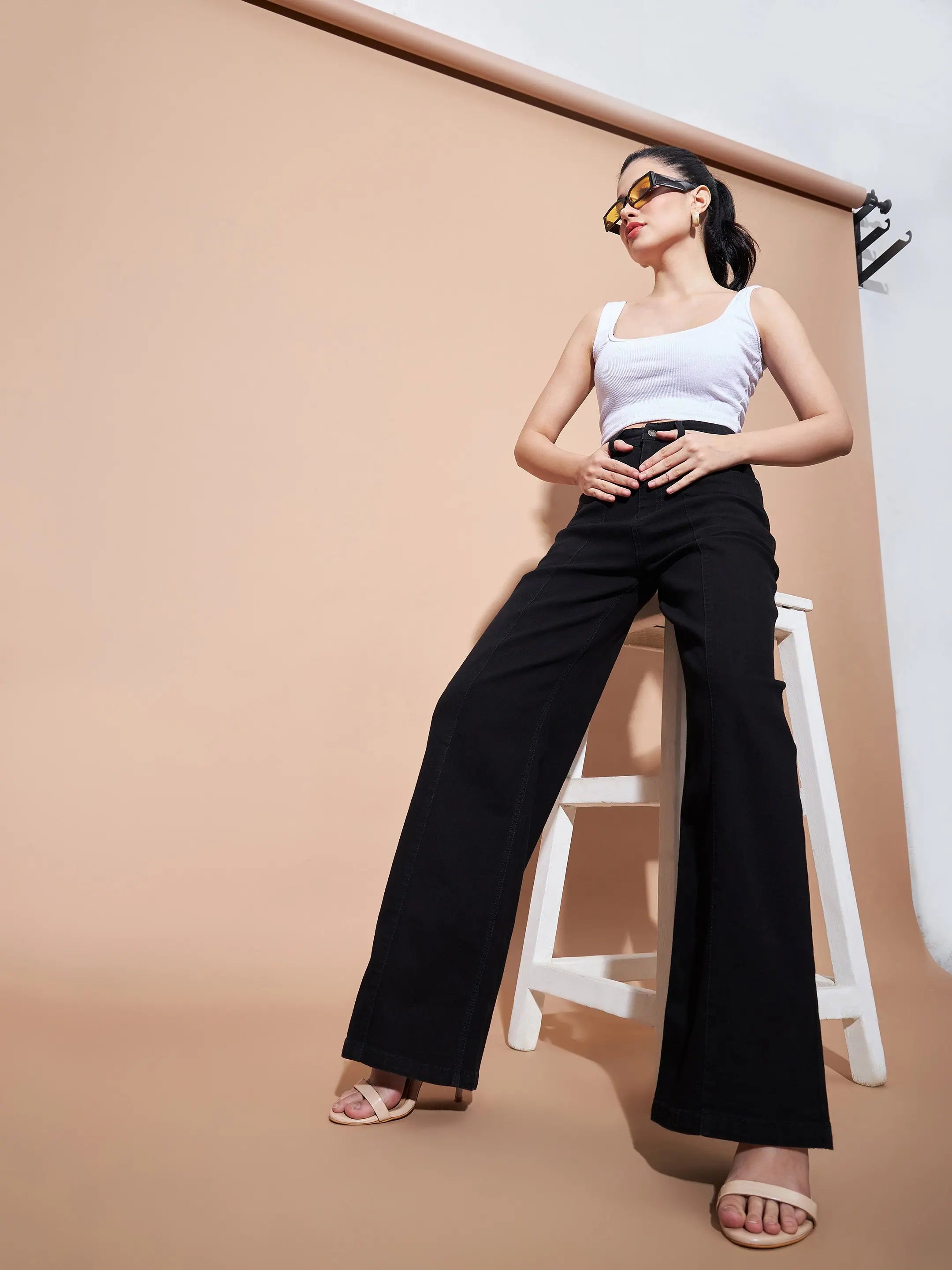 Black High Waist Seam Detail Jeans | Women's Straight Leg Denim