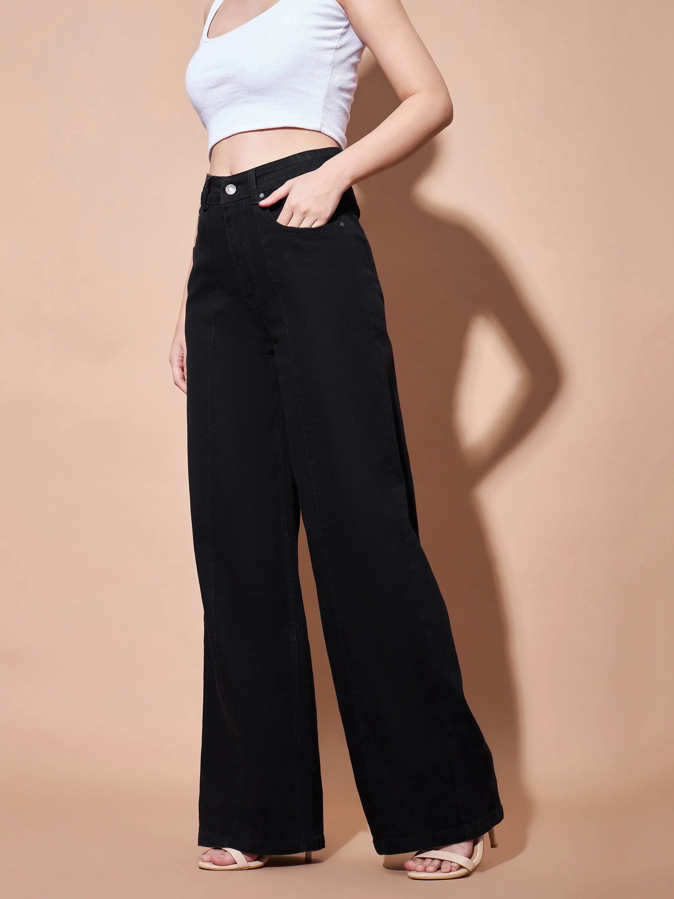 Black High Waist Seam Detail Jeans | Women's Straight Leg Denim