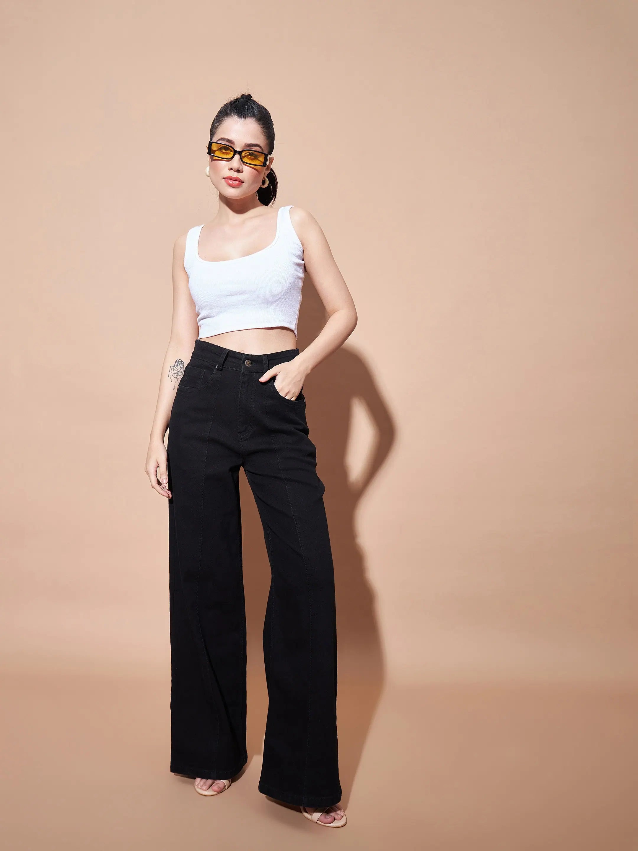 Black High Waist Seam Detail Jeans | Women's Straight Leg Denim