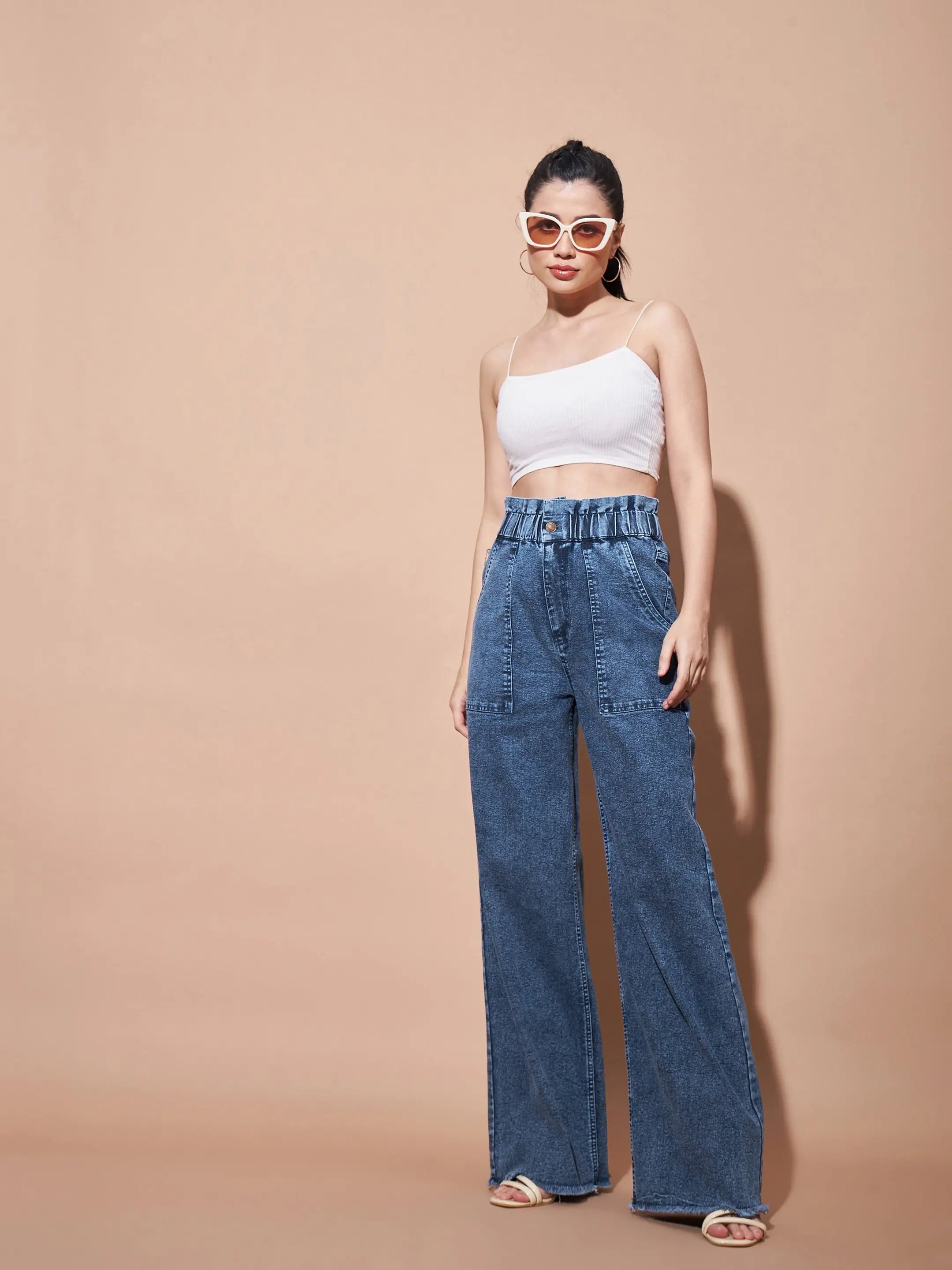 Blue Paper Bag Waist Jeans | Comfort Fit Denim for Women