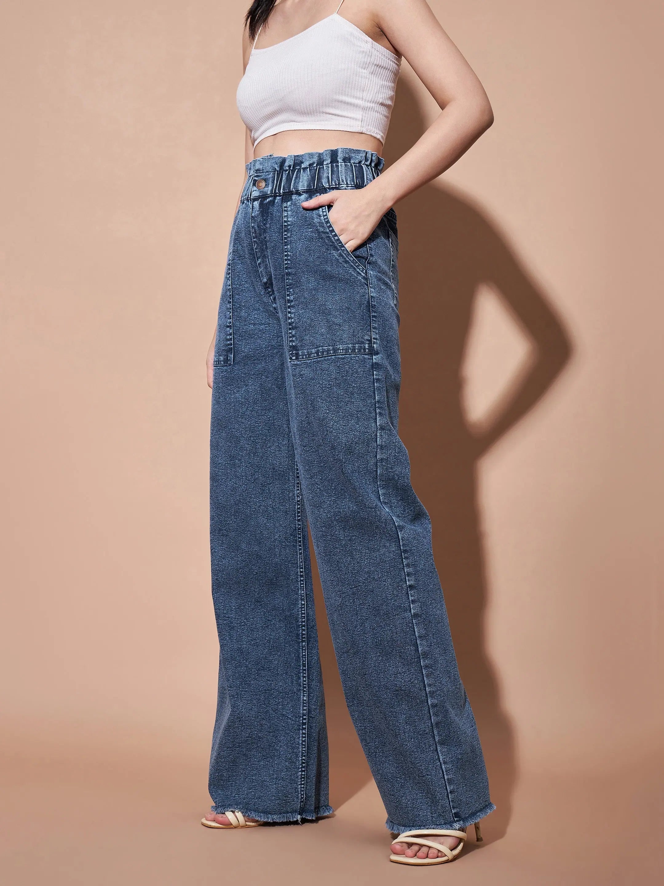 Blue Paper Bag Waist Jeans | Comfort Fit Denim for Women