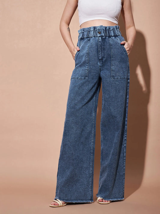 Women Blue Paper Bag Waist Straight Jeans 2160
