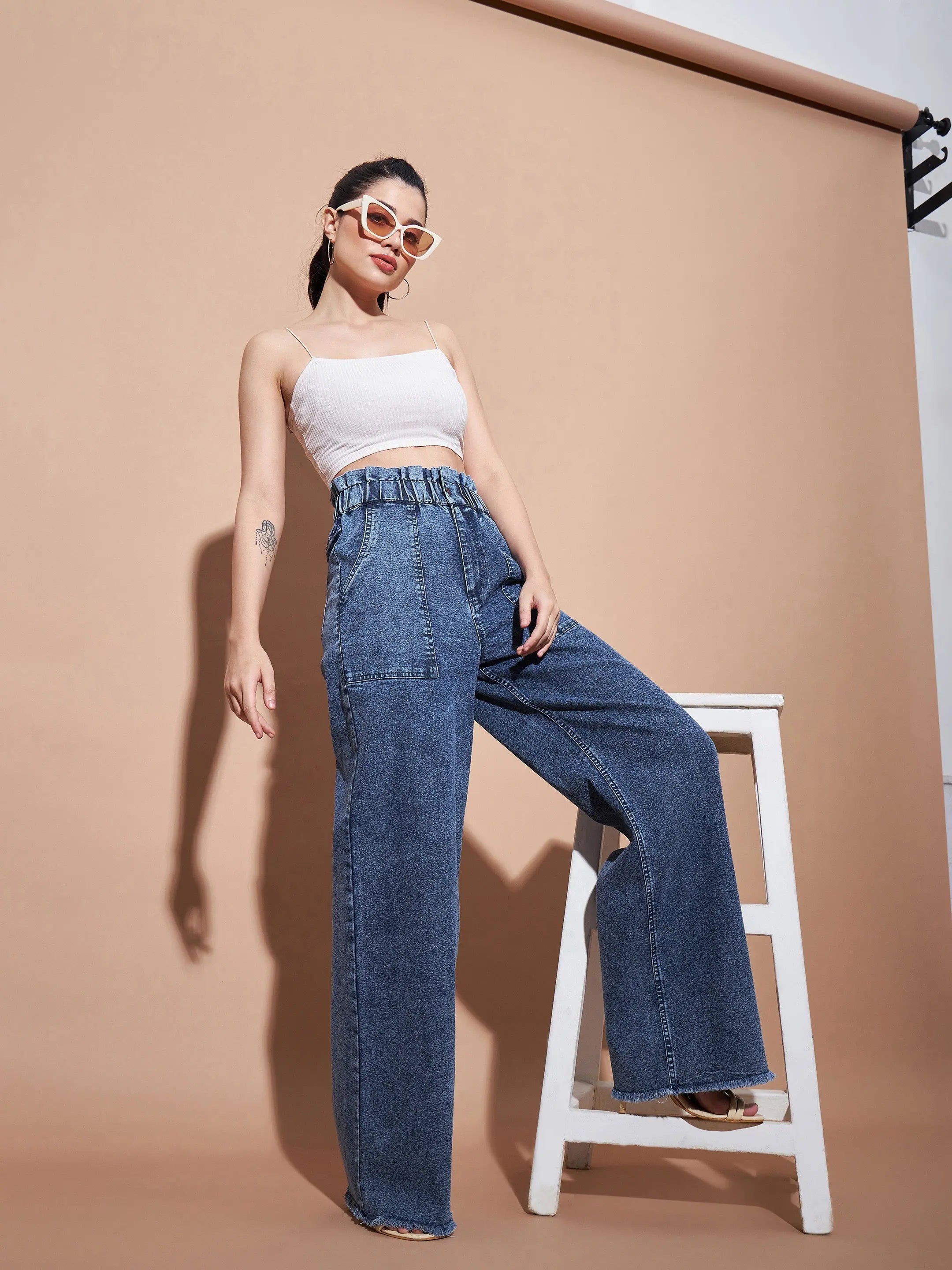 Blue Paper Bag Waist Jeans | Comfort Fit Denim for Women