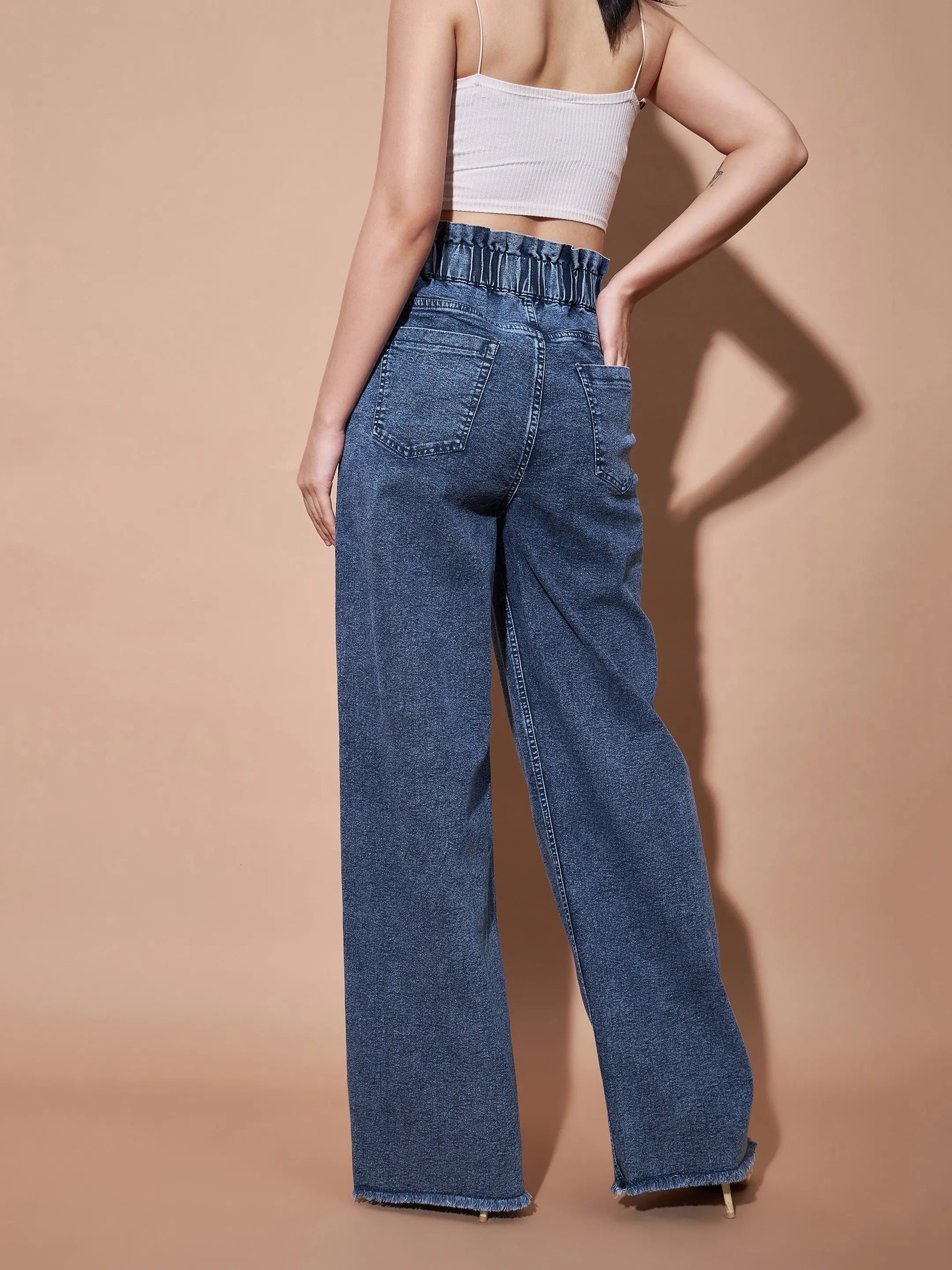 Blue Paper Bag Waist Jeans | Comfort Fit Denim for Women