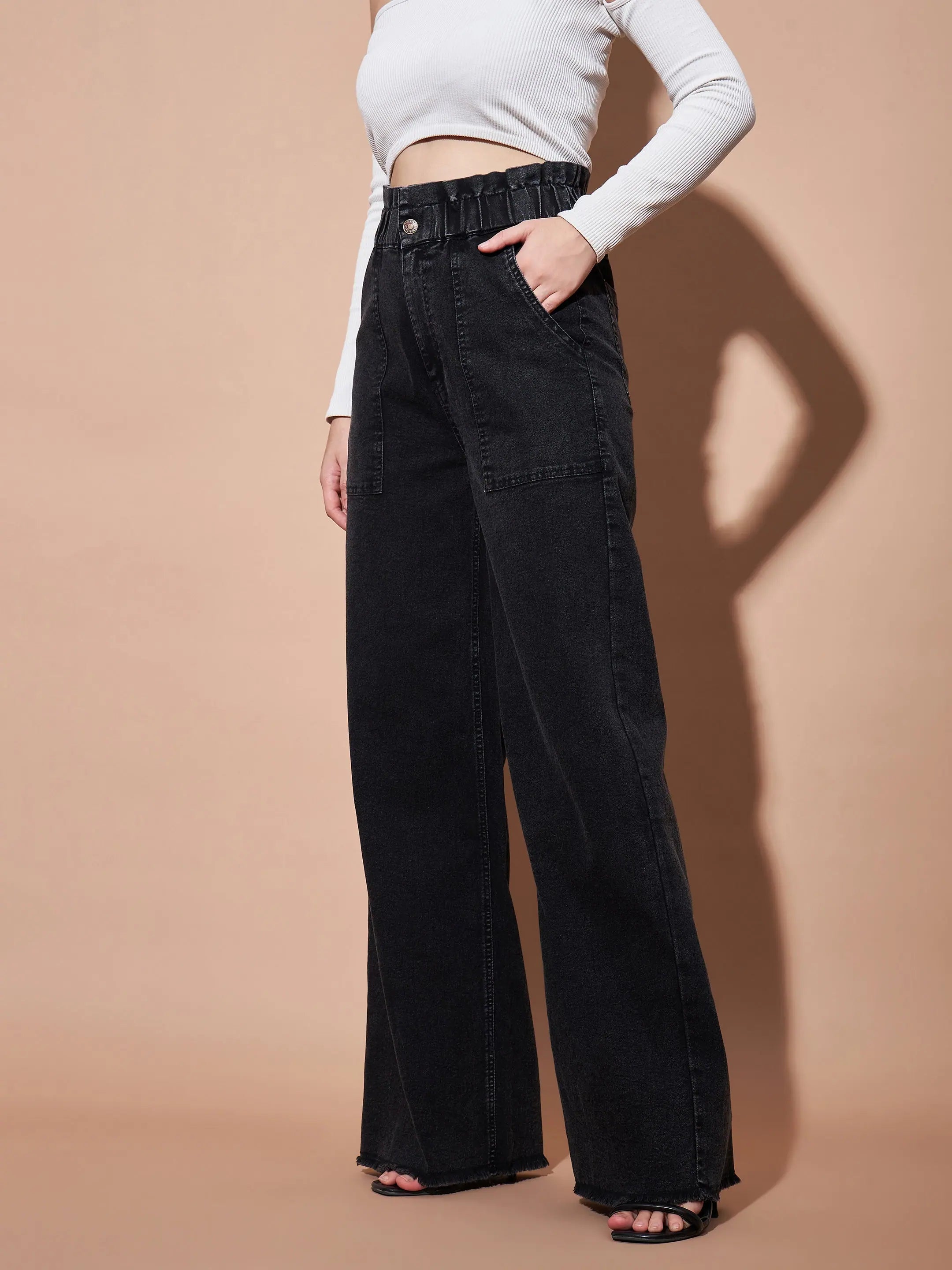 Black Paper Bag Waist Jeans | High Waist Straight Leg for Women