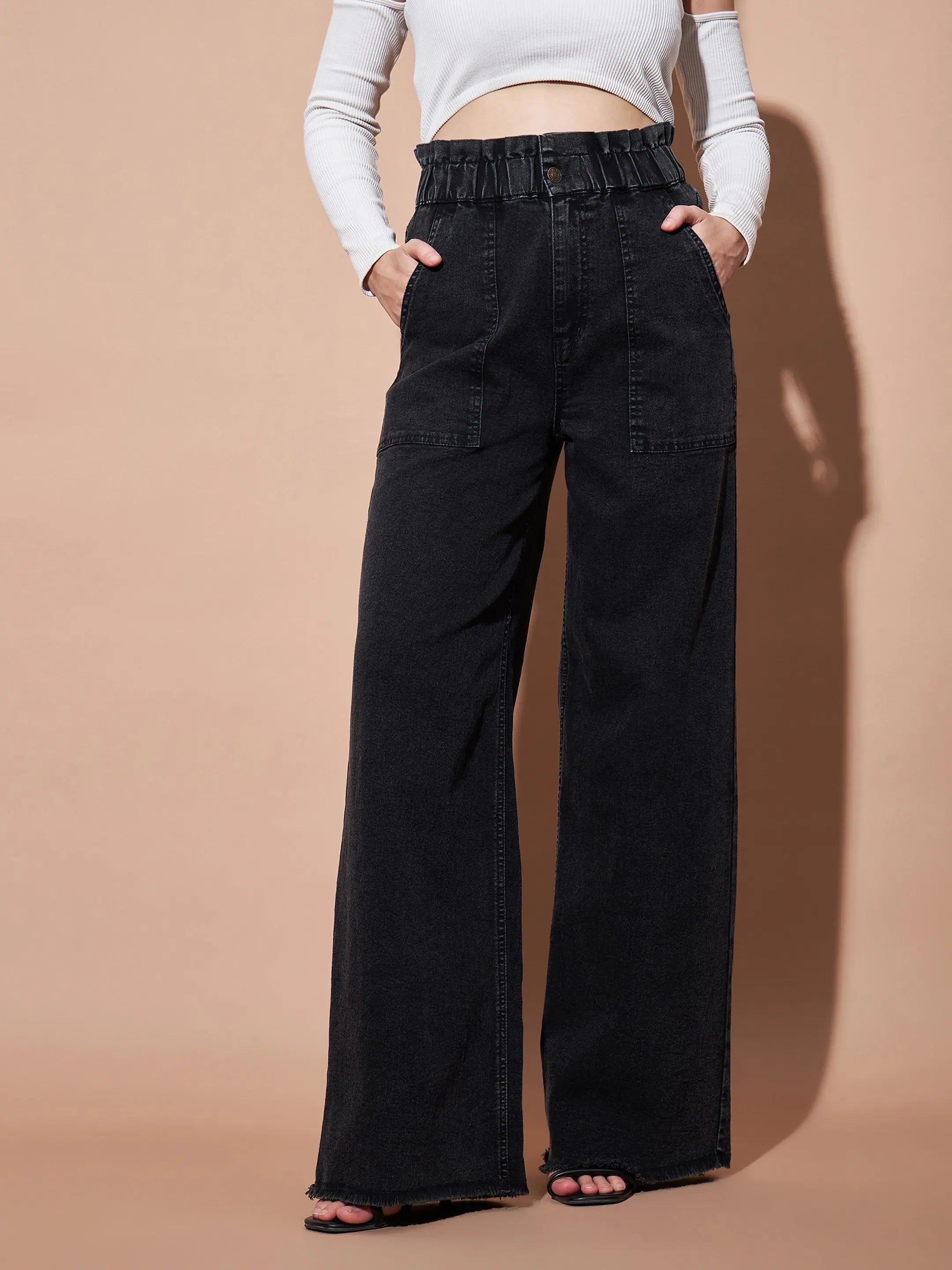 Black Paper Bag Waist Jeans | High Waist Straight Leg for Women