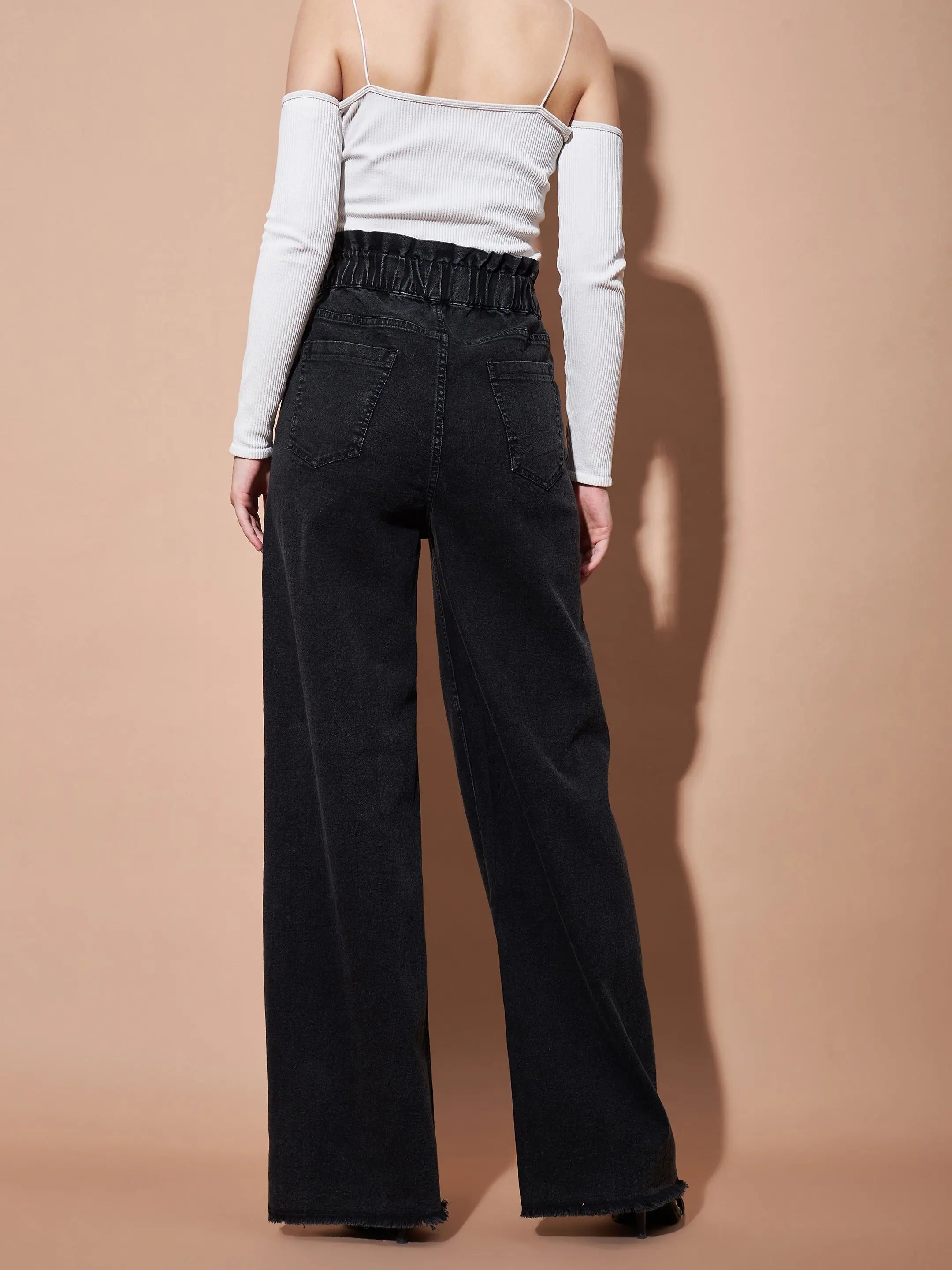 Black Paper Bag Waist Jeans | High Waist Straight Leg for Women