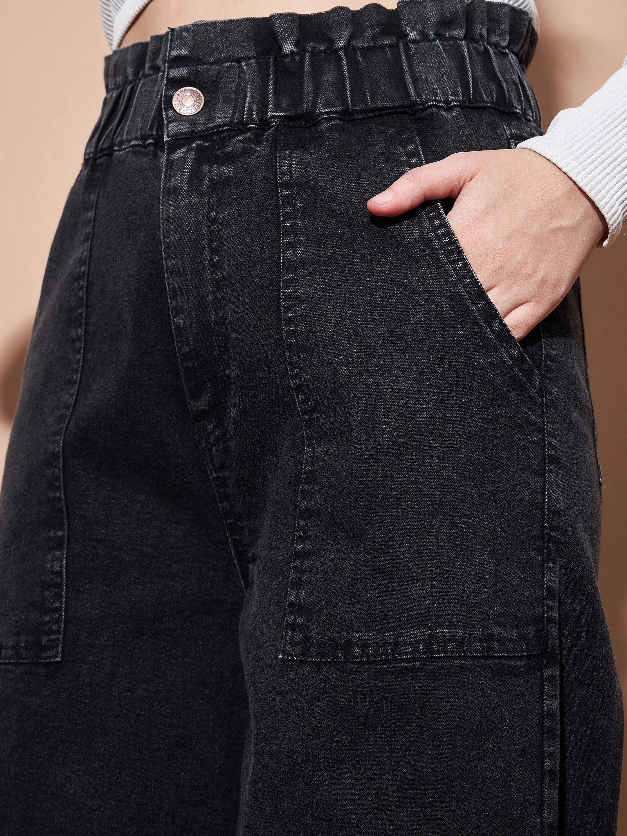 Black Paper Bag Waist Jeans | High Waist Straight Leg for Women