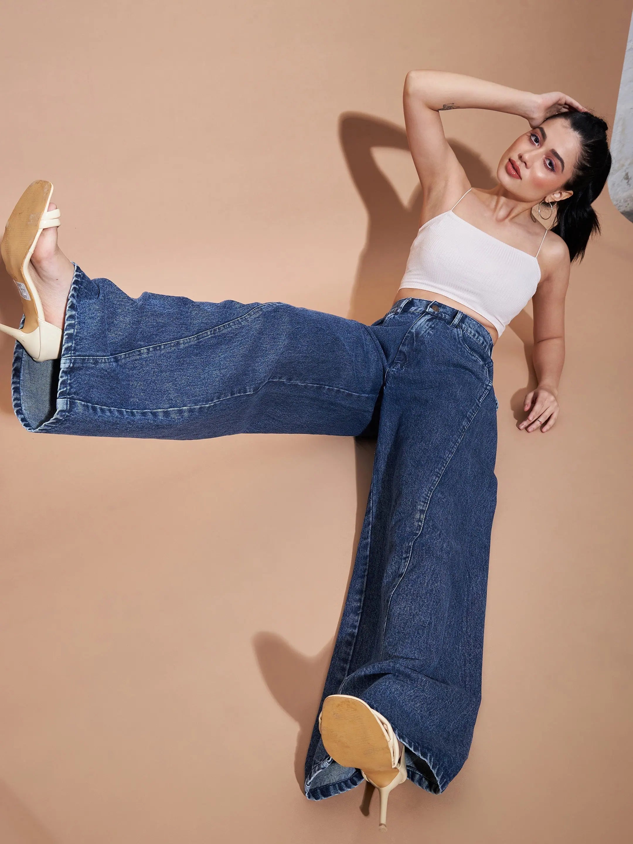 Blue Seam Detail Wide Leg Jeans | Women's High Waist Denim
