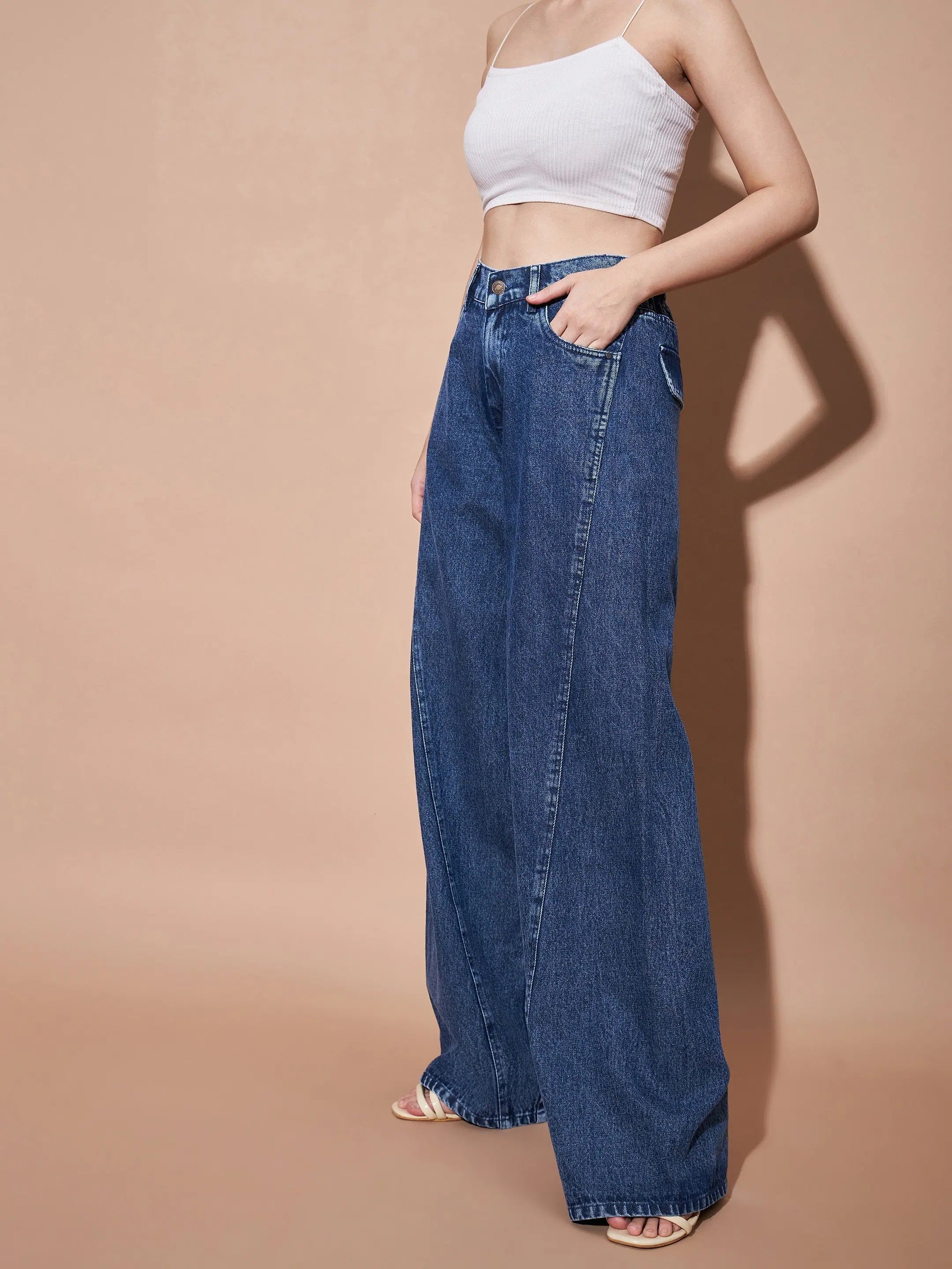 Blue Seam Detail Wide Leg Jeans | Women's High Waist Denim