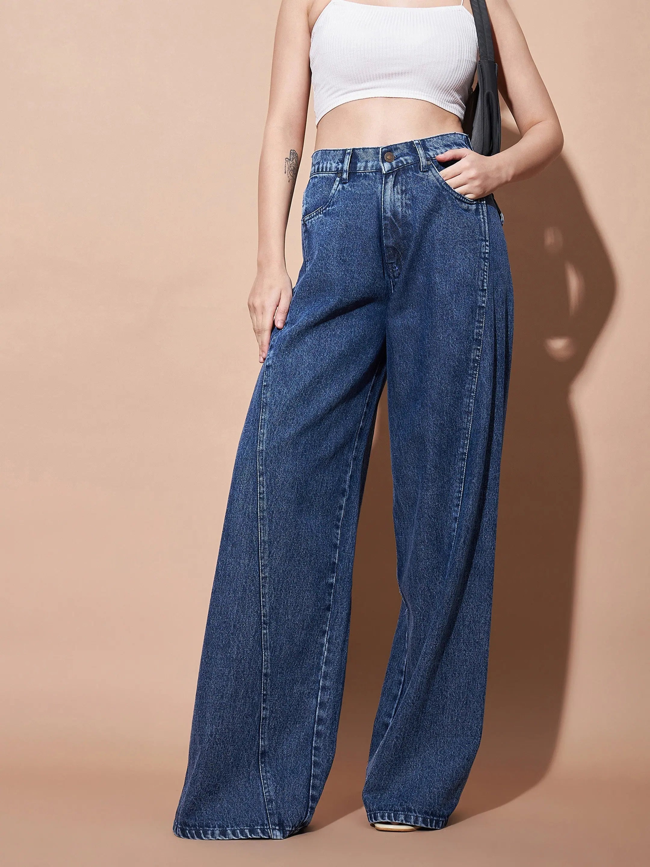 Blue Seam Detail Wide Leg Jeans | Women's High Waist Denim