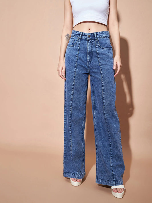 Women Blue High Waist Seam Detail Straight Jeans 2160