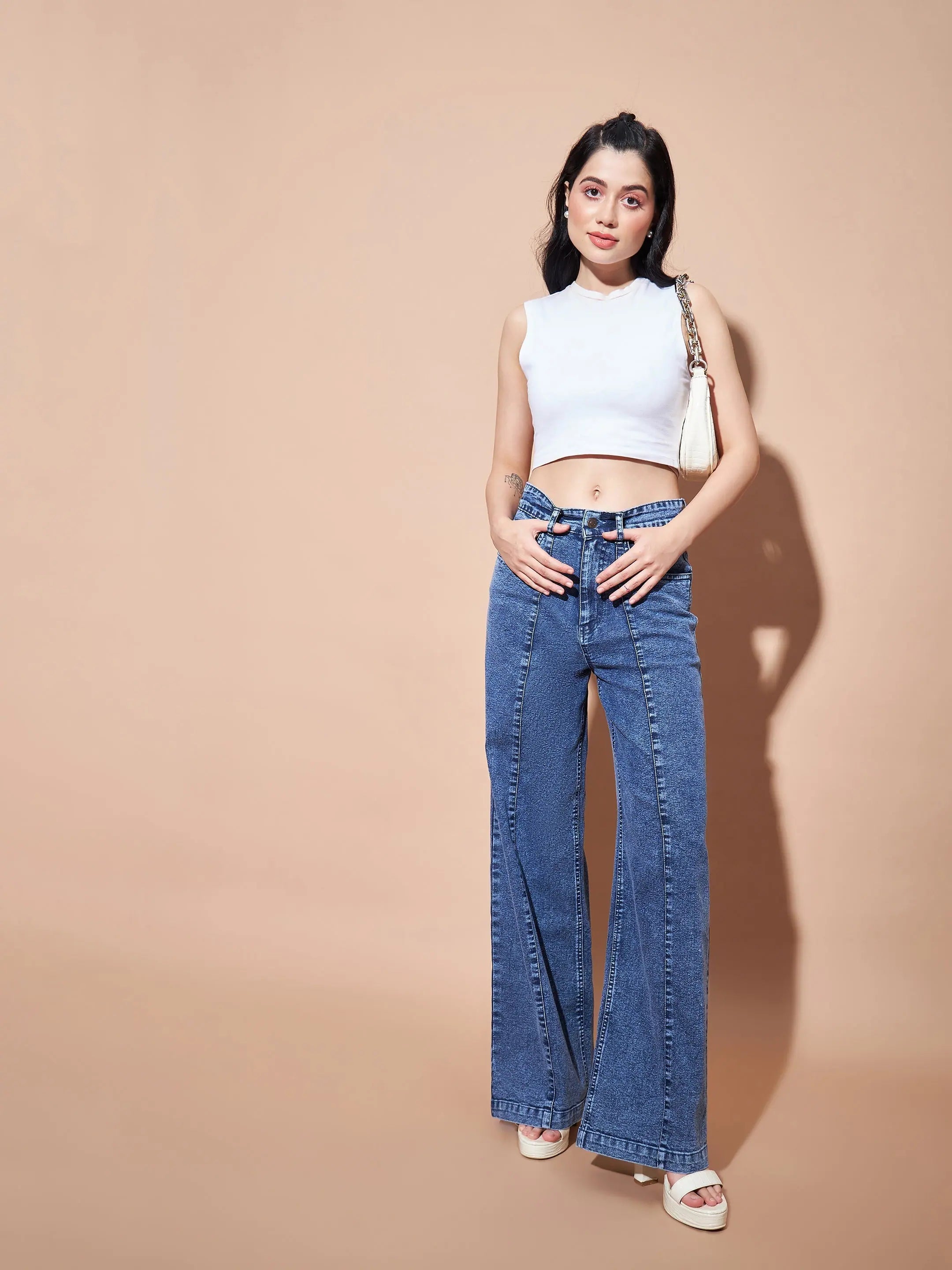 Blue High Waist Seam Jeans | Women's Straight Leg Denim Pants