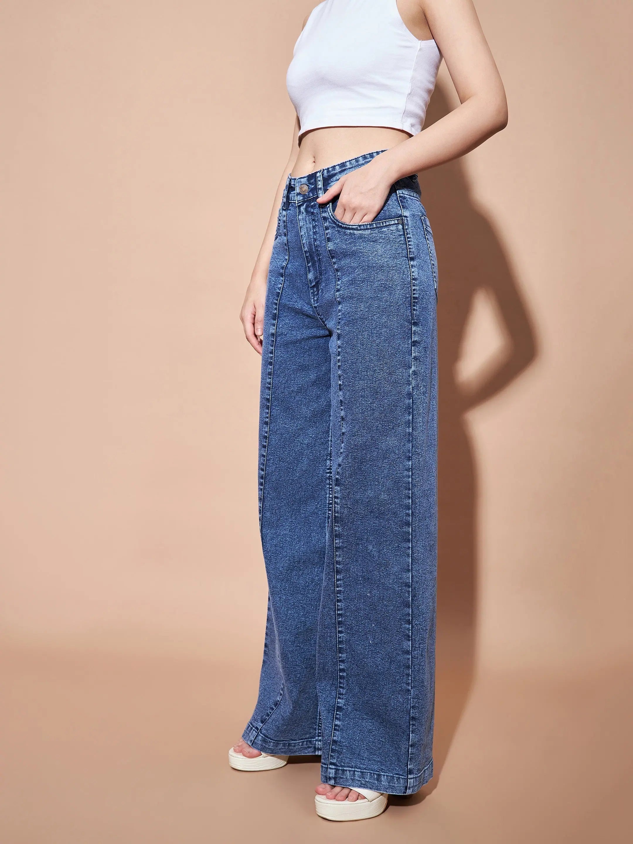 Blue High Waist Seam Jeans | Women's Straight Leg Denim Pants