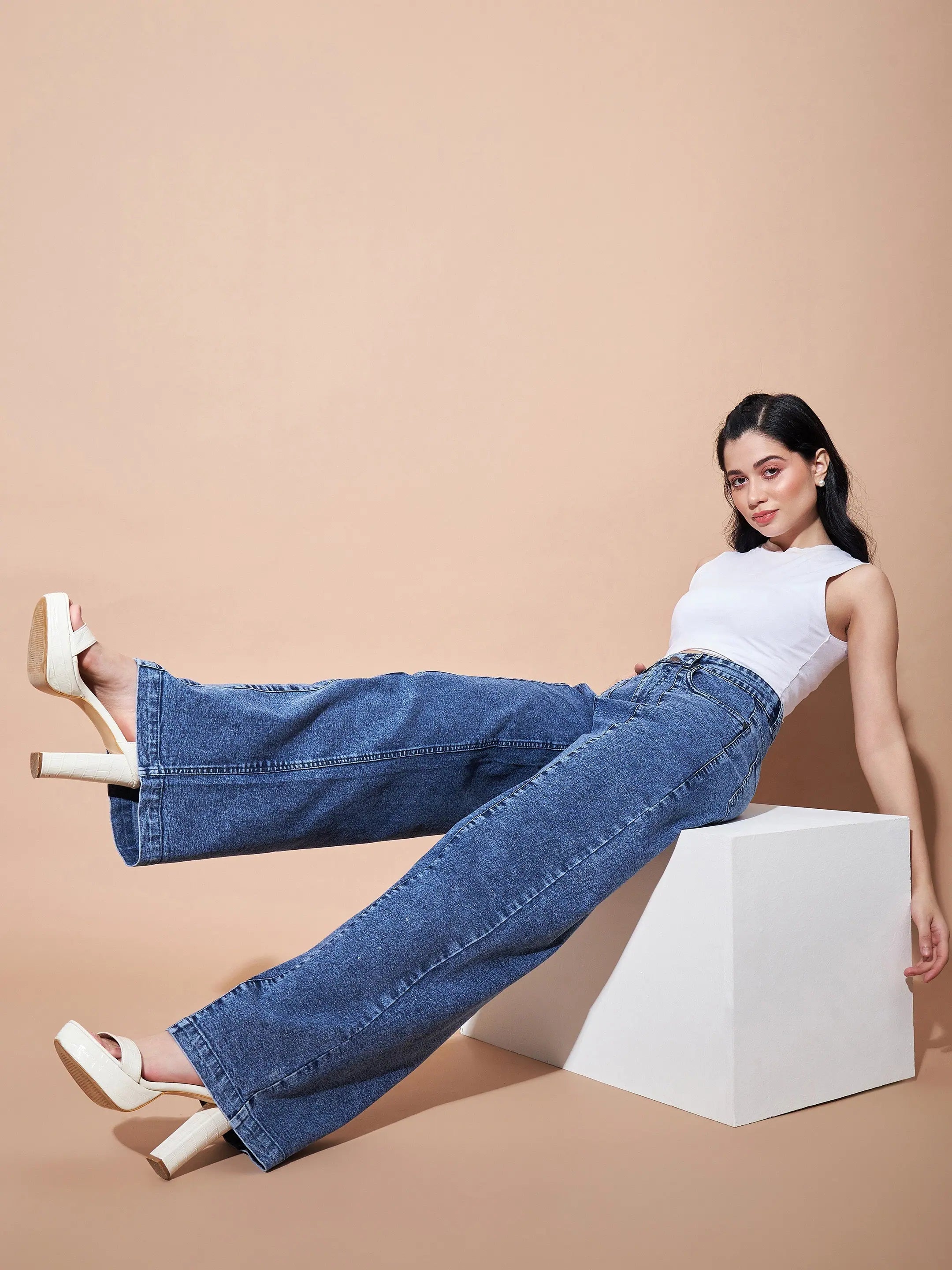 Blue High Waist Seam Jeans | Women's Straight Leg Denim Pants