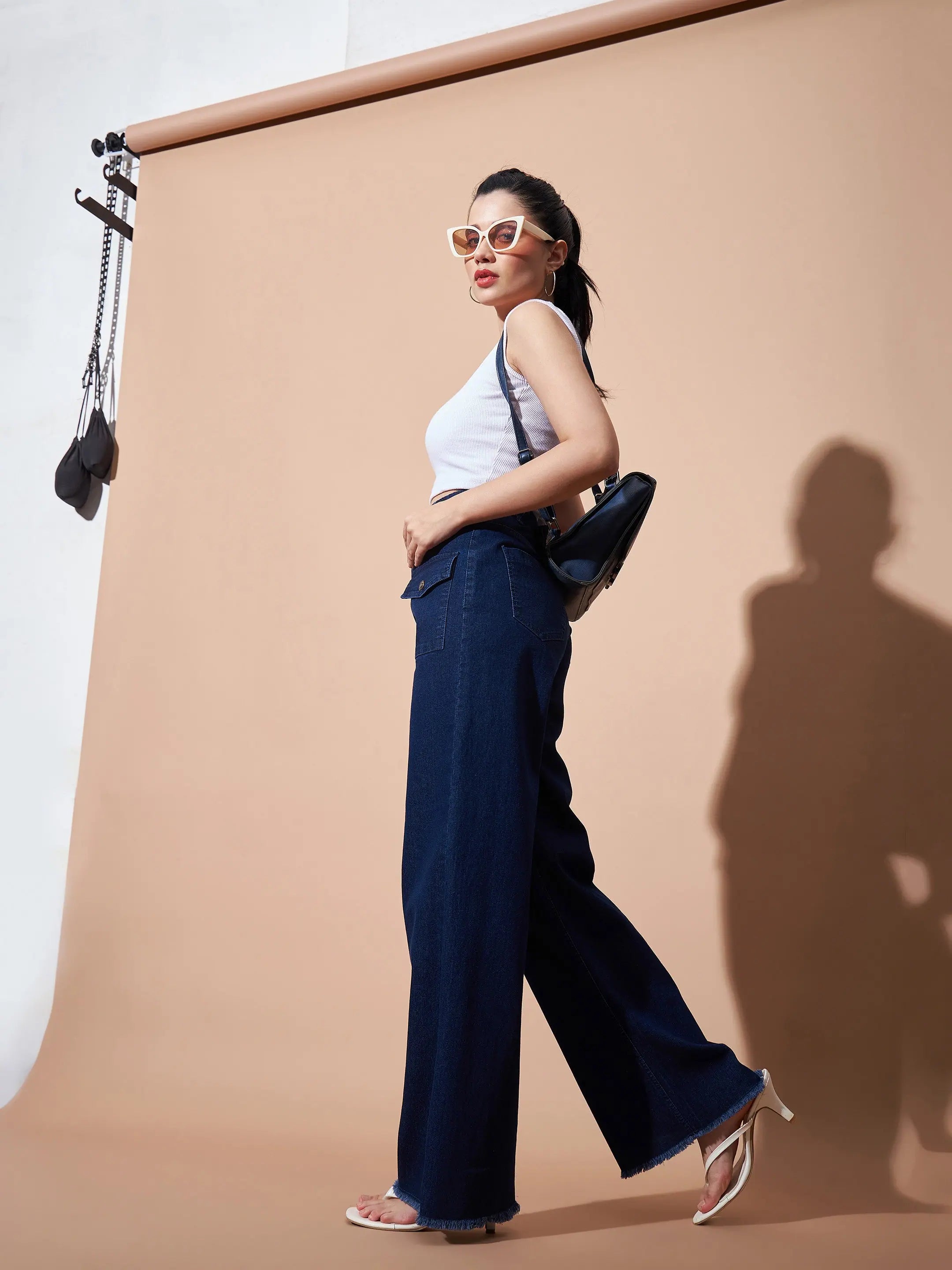 Navy High Waist Jeans for Women | Flap Pocket, Straight Leg Denim