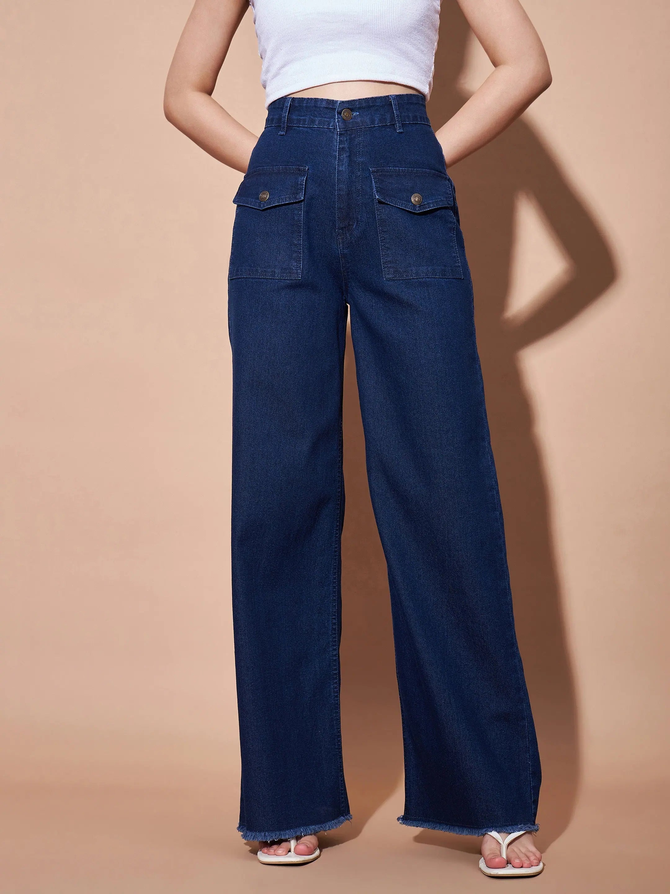 Navy High Waist Jeans for Women | Flap Pocket, Straight Leg Denim