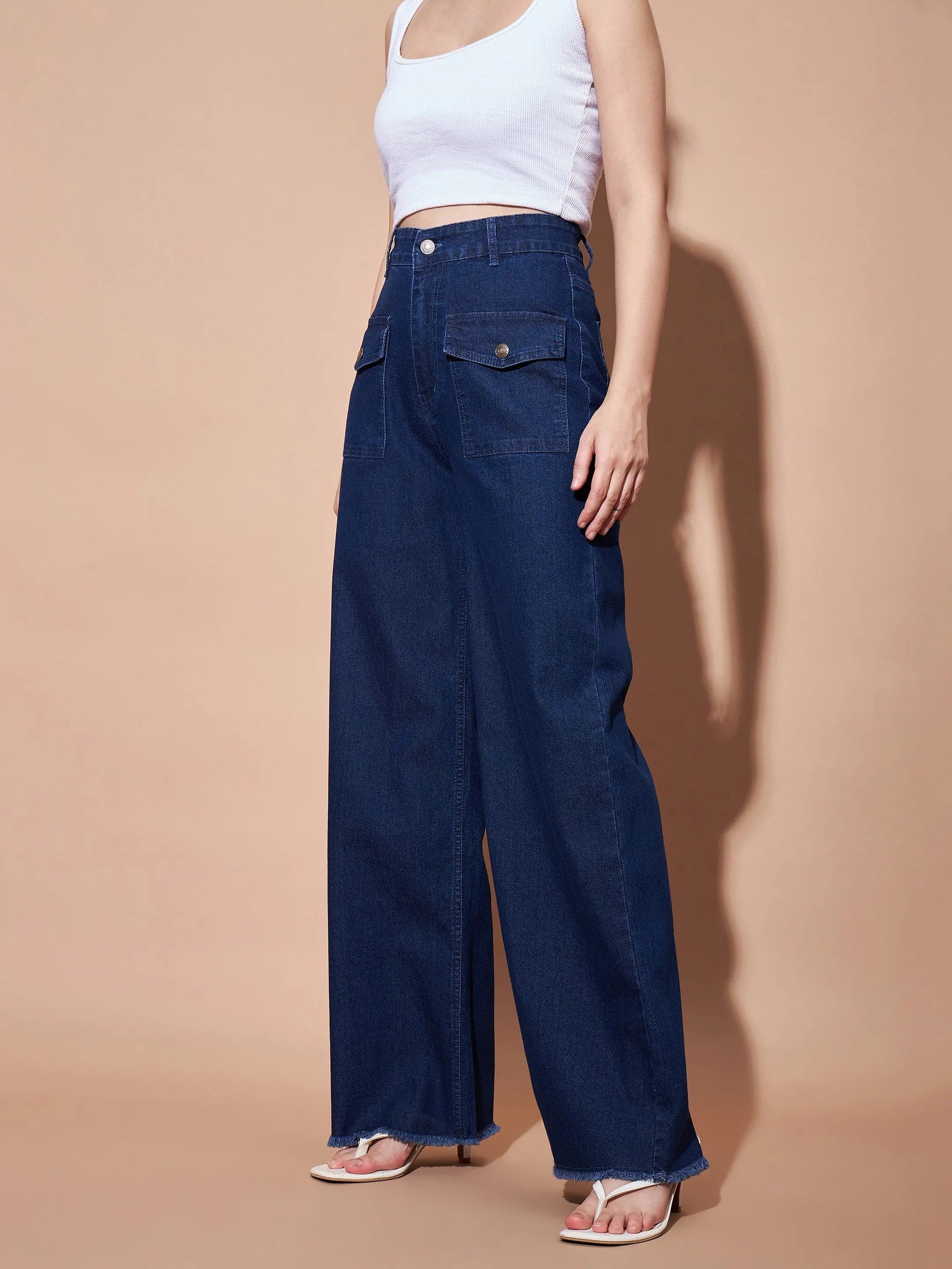 Navy High Waist Jeans for Women | Flap Pocket, Straight Leg Denim