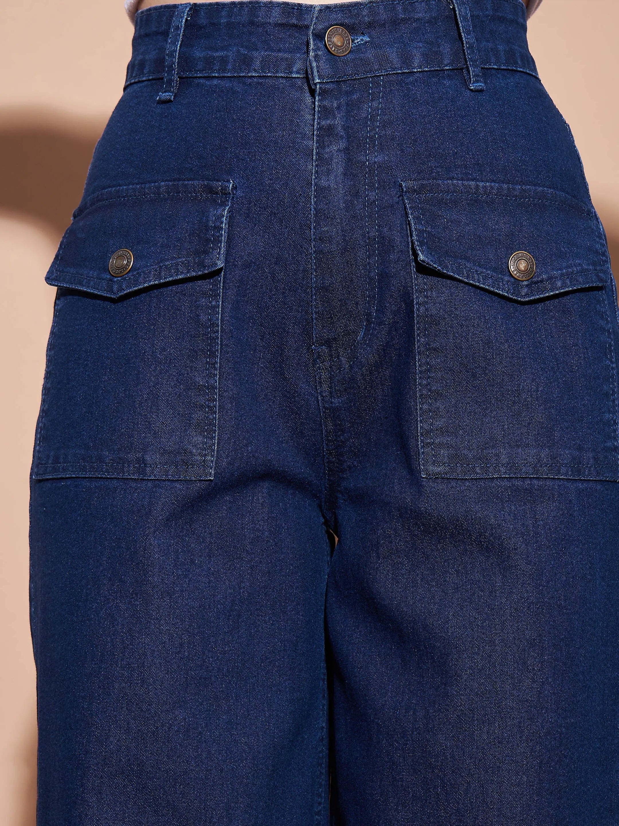 Navy High Waist Jeans for Women | Flap Pocket, Straight Leg Denim