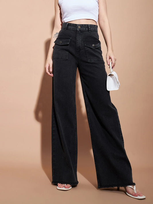 Women Black High Waist Flap Pocket Straight Jeans 2160