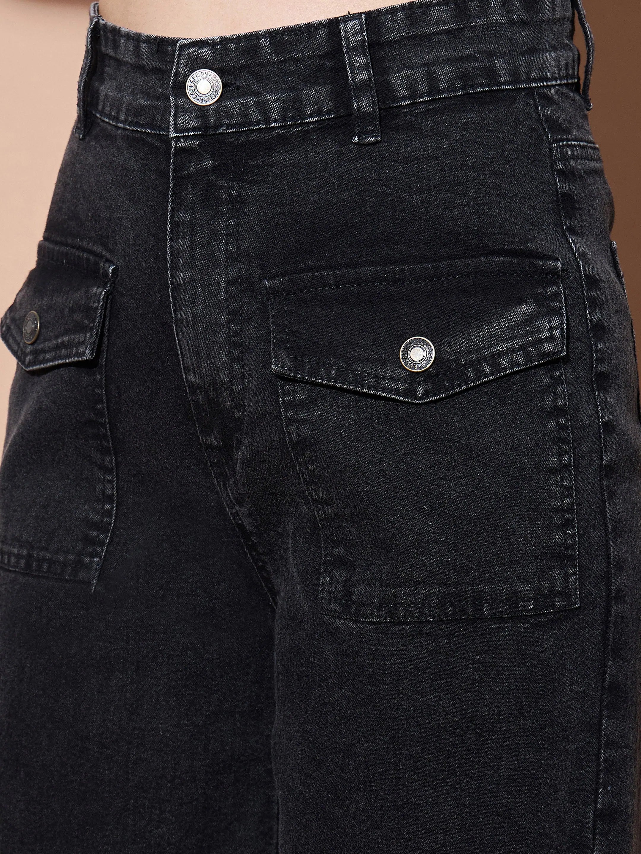 Black High Waist Straight Jeans | Flap Pocket Denim for Women