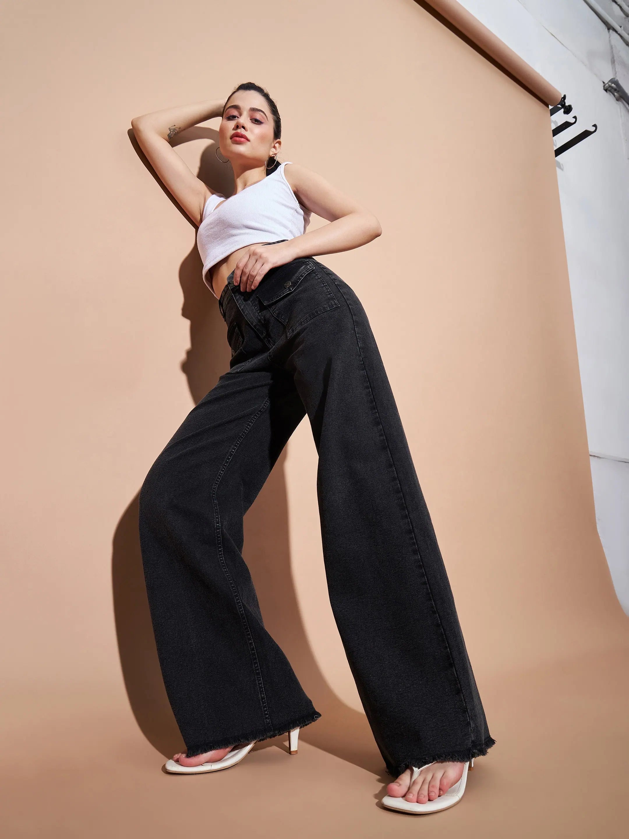 Black High Waist Straight Jeans | Flap Pocket Denim for Women