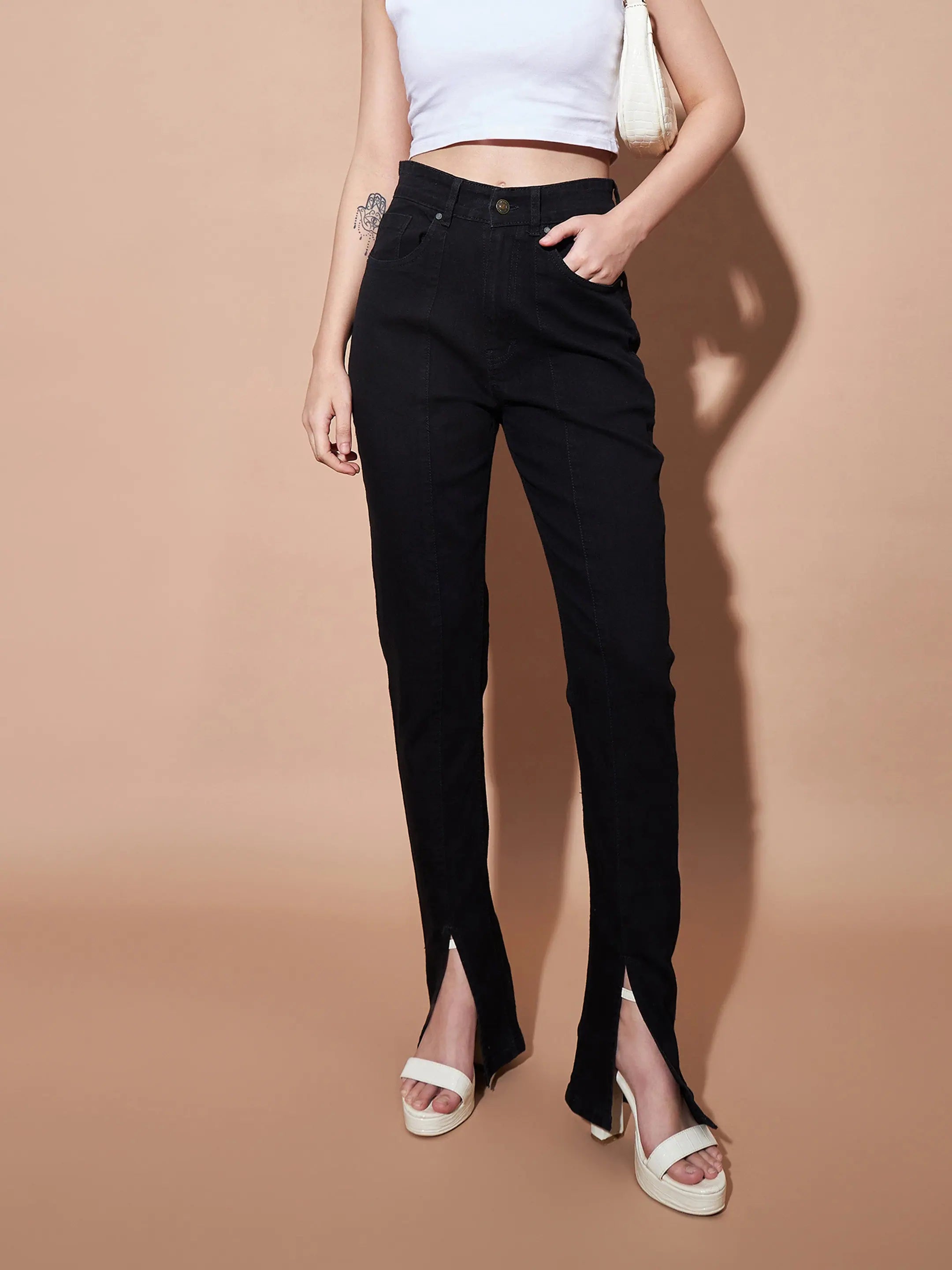 Black Mid Rise Skinny Slit Jeans | Women's Denim Style
