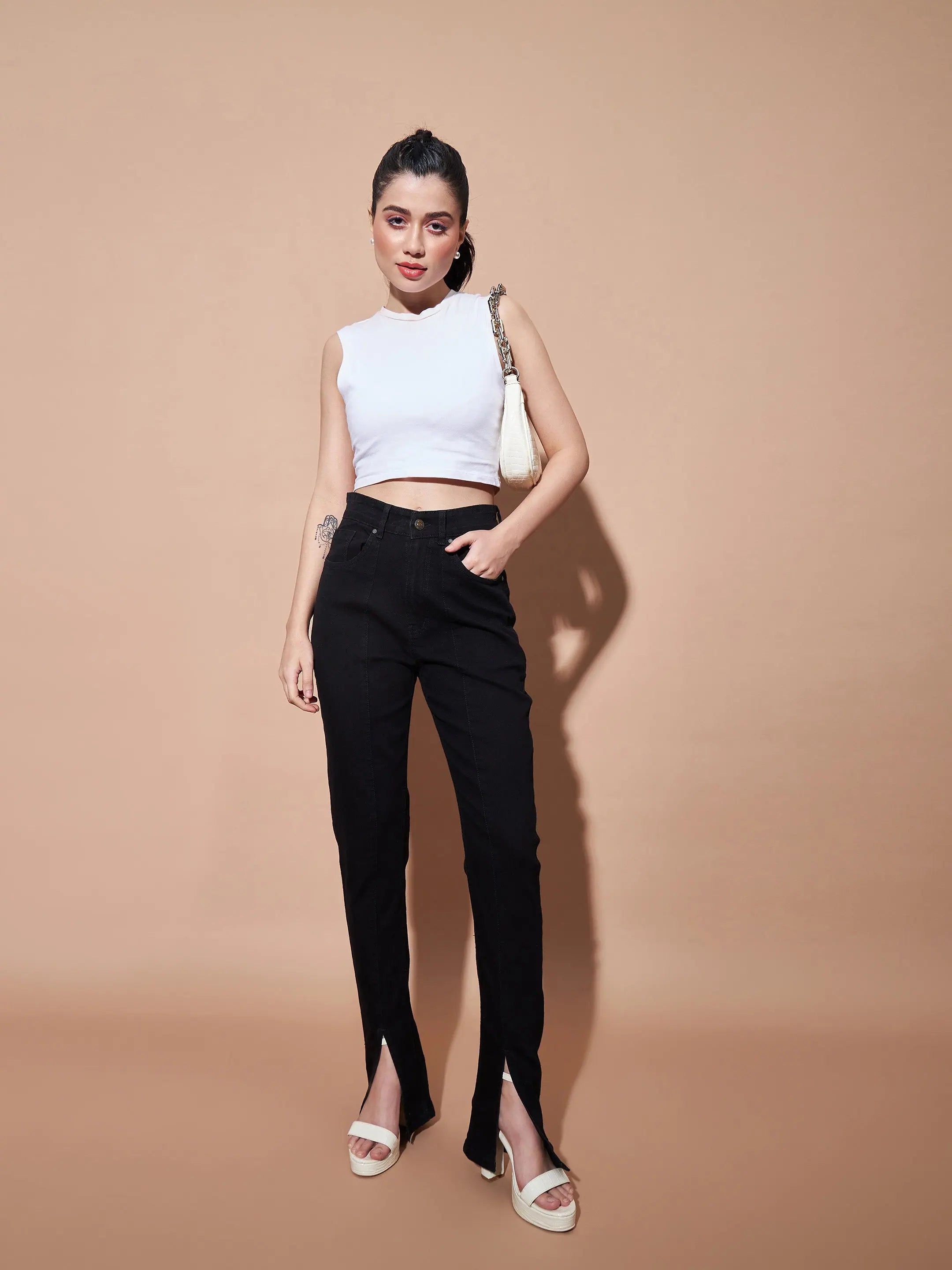Black Mid Rise Skinny Slit Jeans | Women's Denim Style