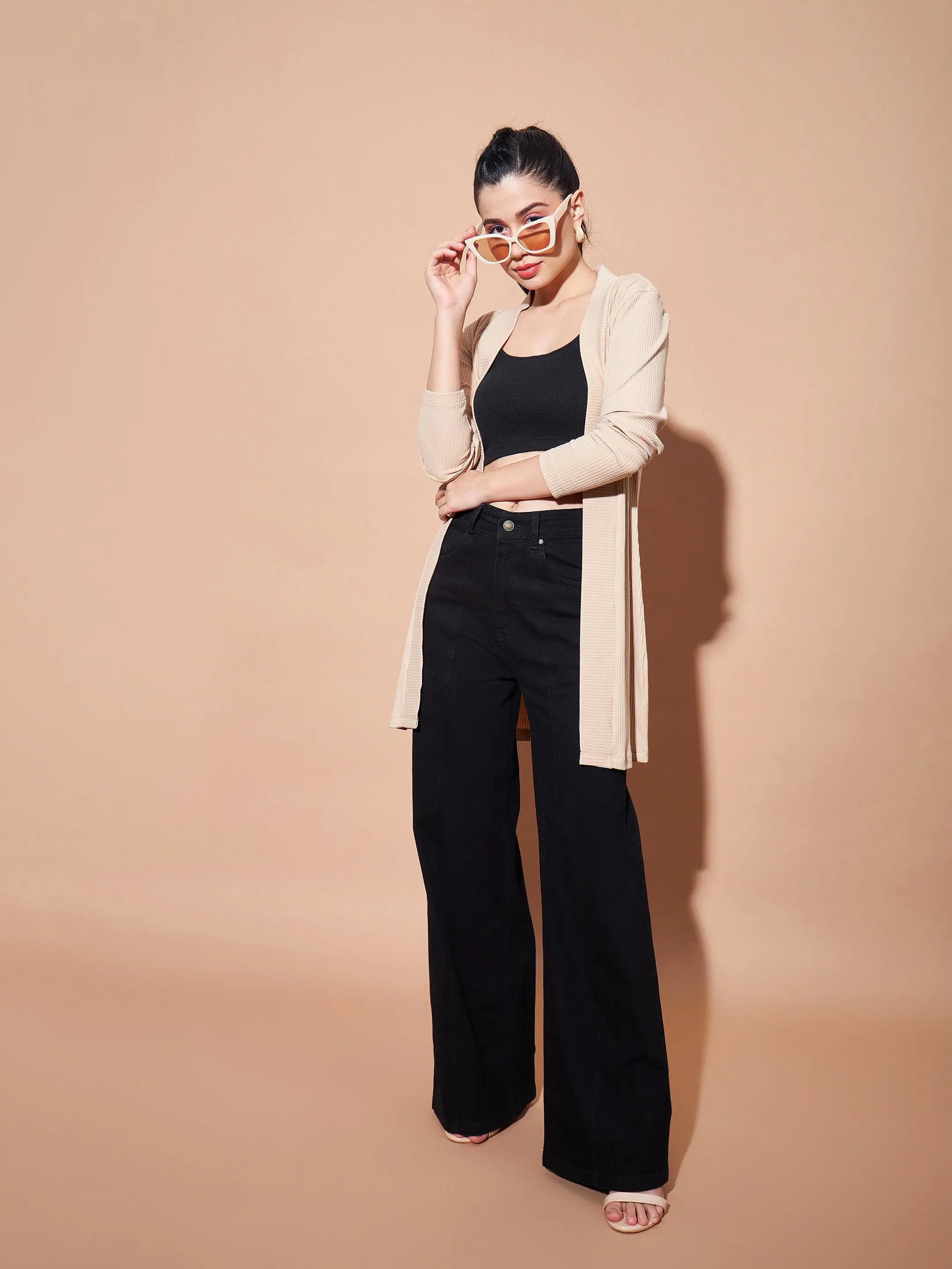 Women's Beige Rib Shrug | Full Sleeves Western Wear