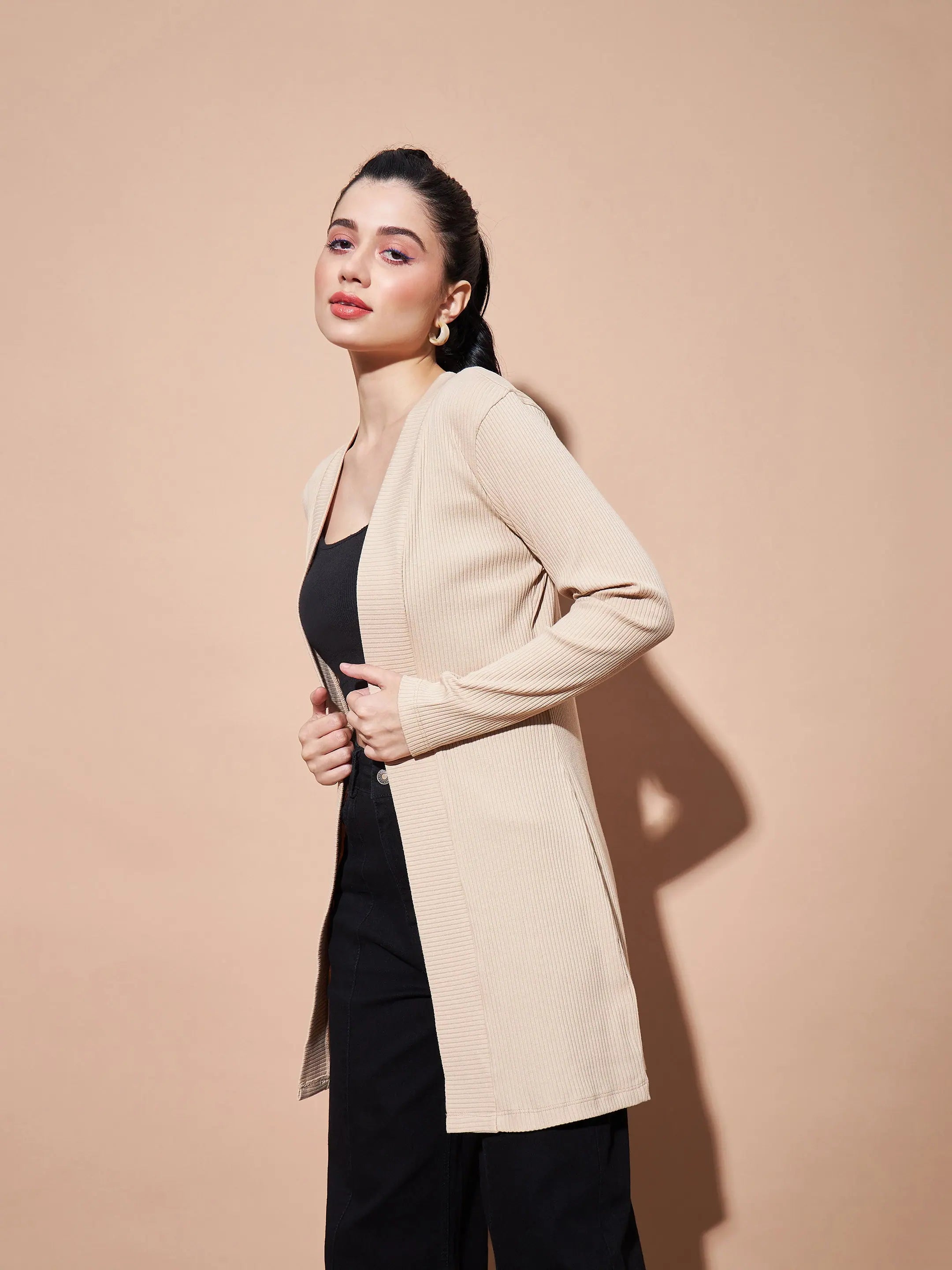 Women's Beige Rib Shrug | Full Sleeves Western Wear
