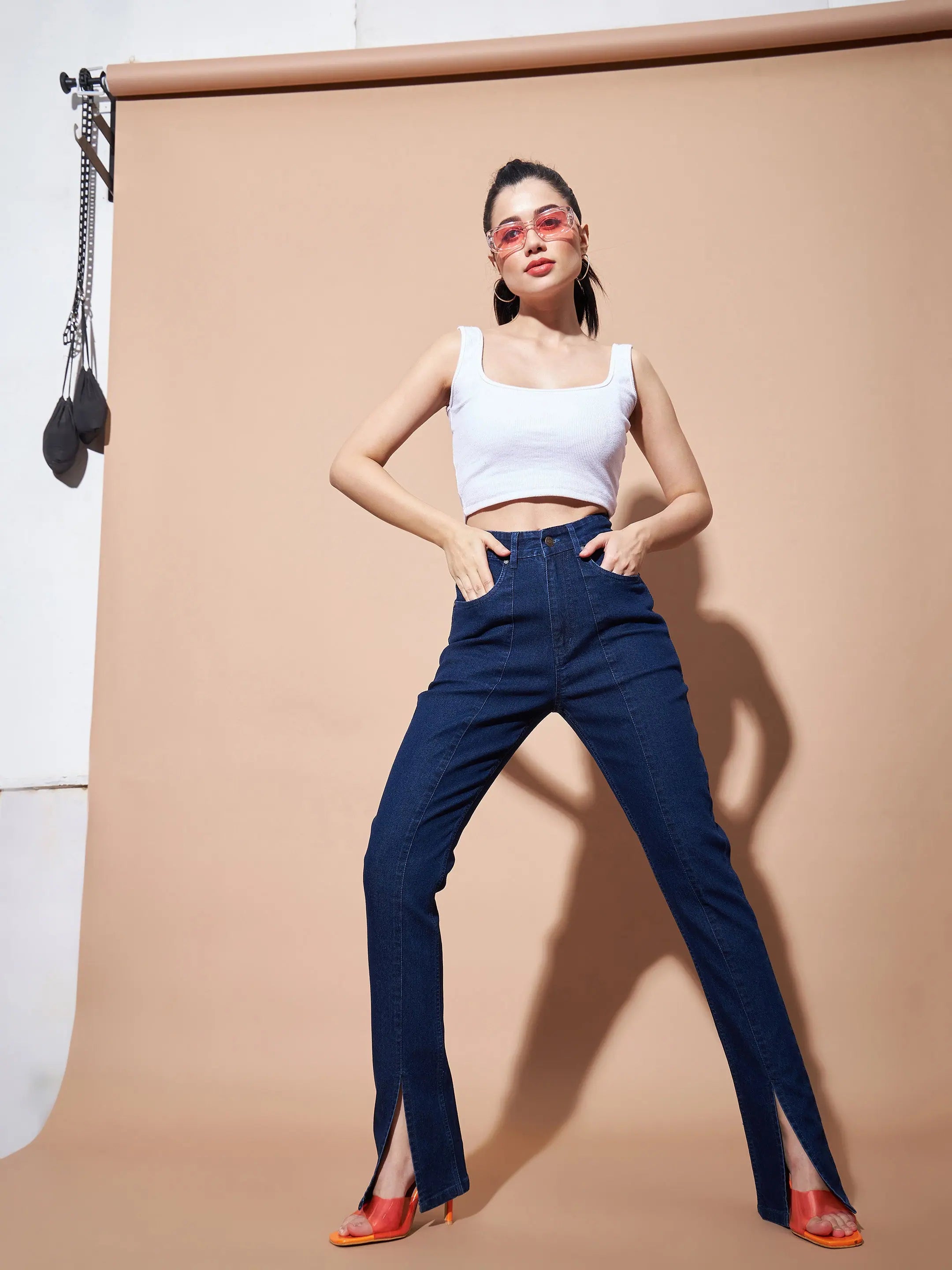 Navy Skinny Slit Jeans for Women | Mid Rise Denim Style