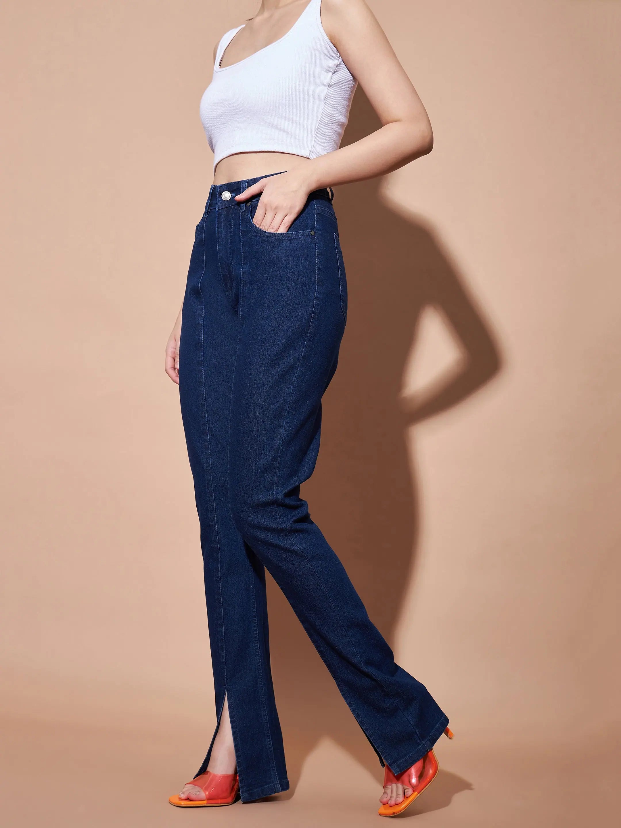 Navy Skinny Slit Jeans for Women | Mid Rise Denim Style