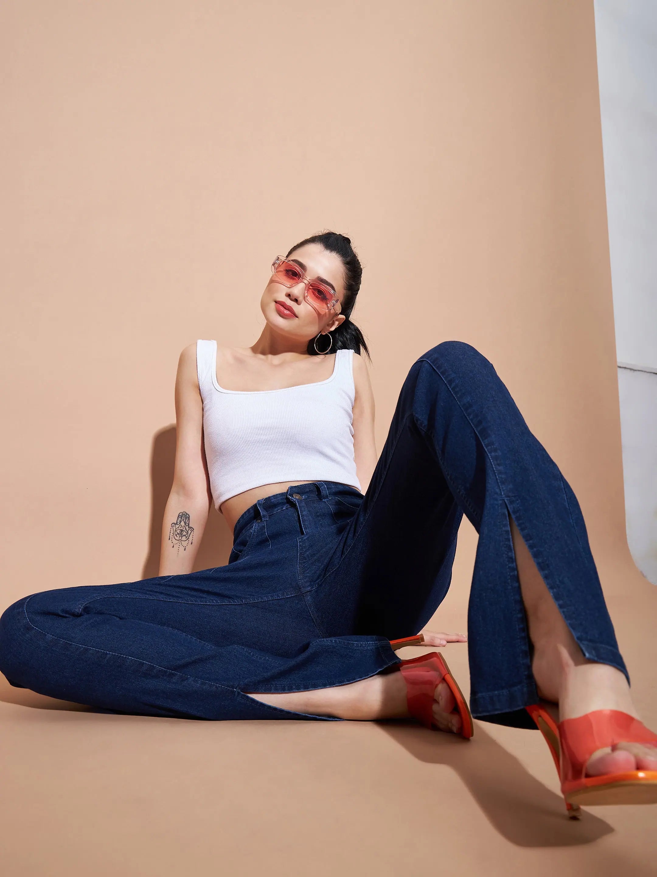 Navy Skinny Slit Jeans for Women | Mid Rise Denim Style