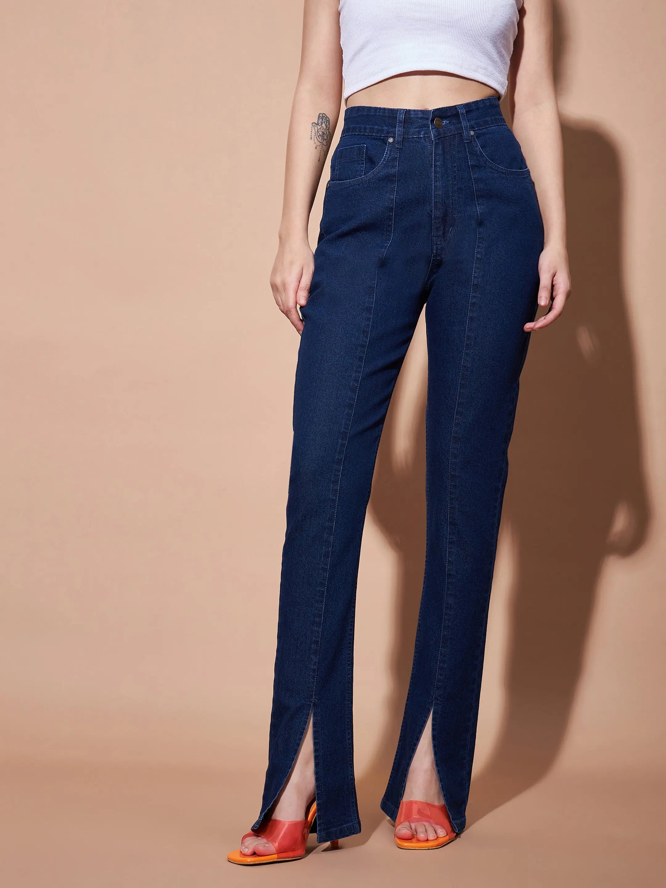 Navy Skinny Slit Jeans for Women | Mid Rise Denim Style
