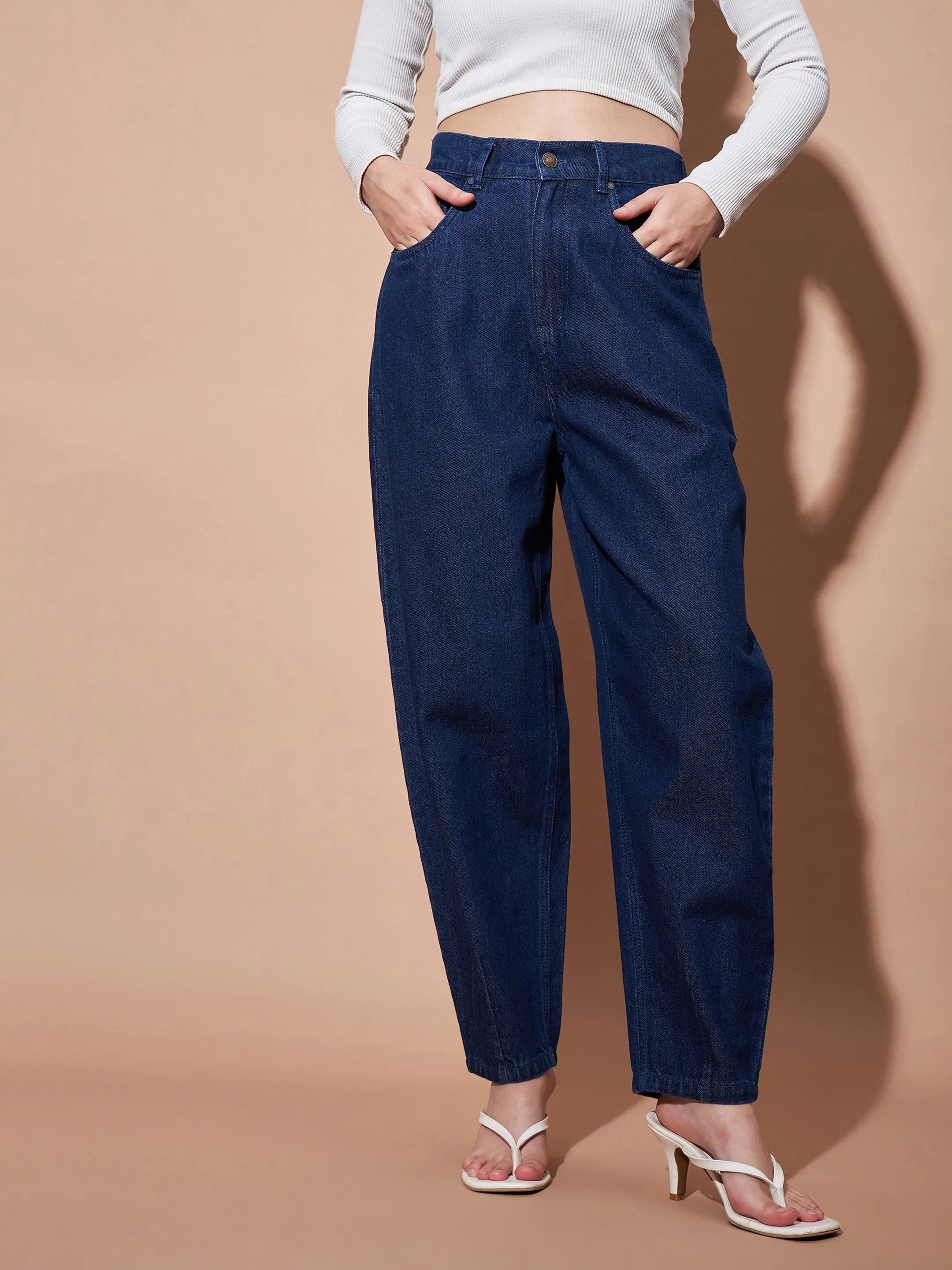 Women's Navy Balloon Fit Jeans | Mid Rise Denim