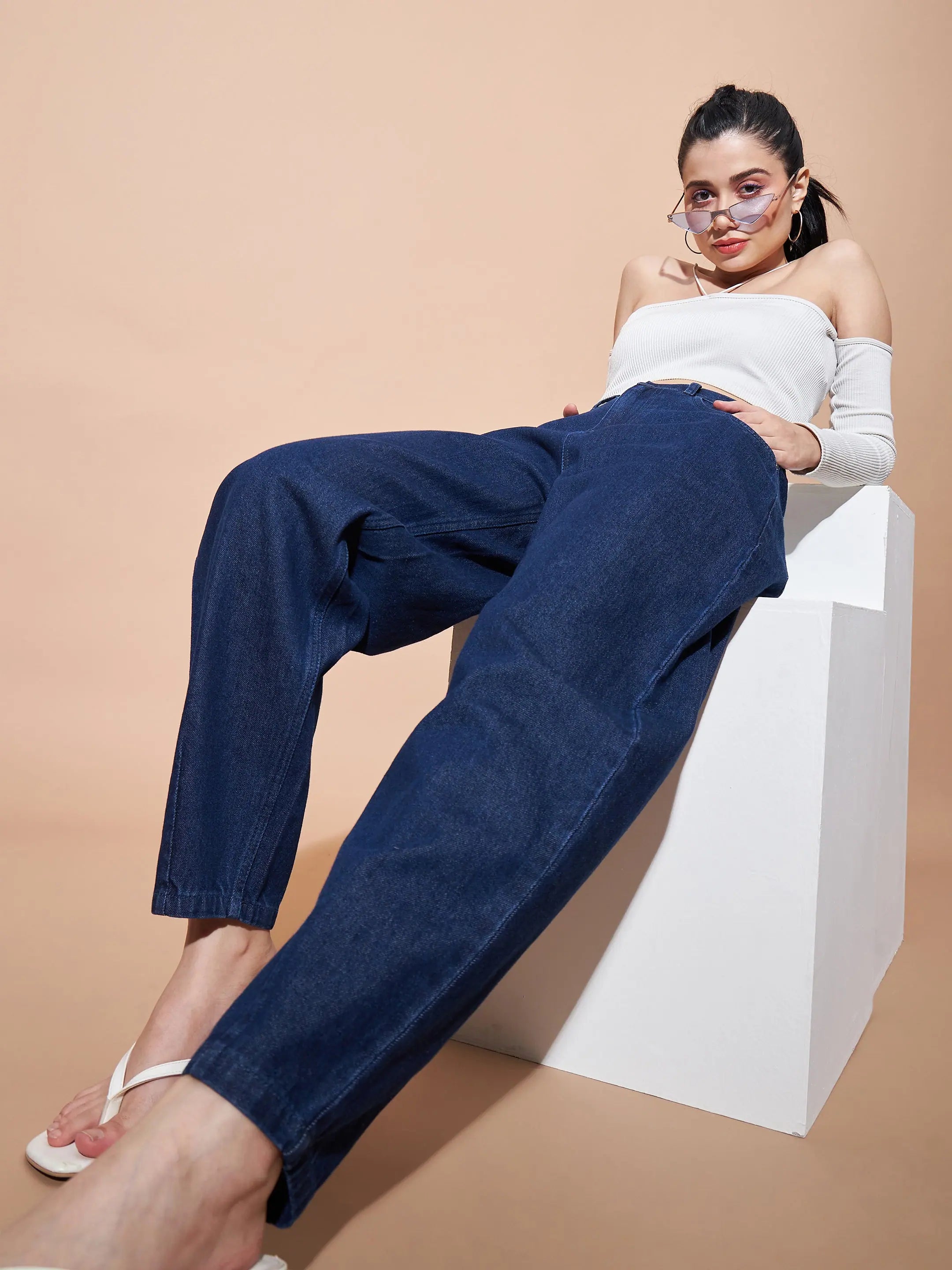 Women's Navy Balloon Fit Jeans | Mid Rise Denim