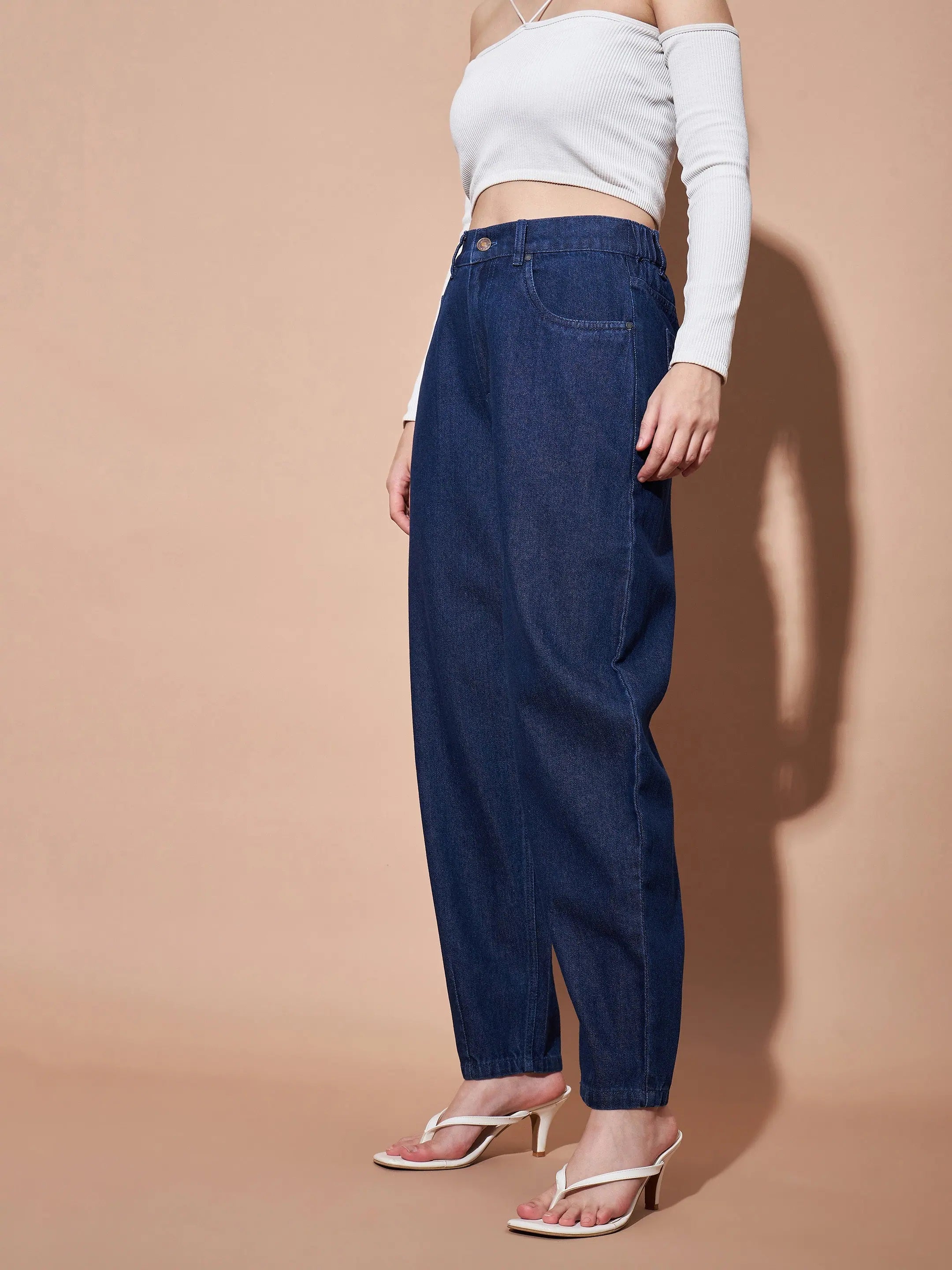 Women's Navy Balloon Fit Jeans | Mid Rise Denim