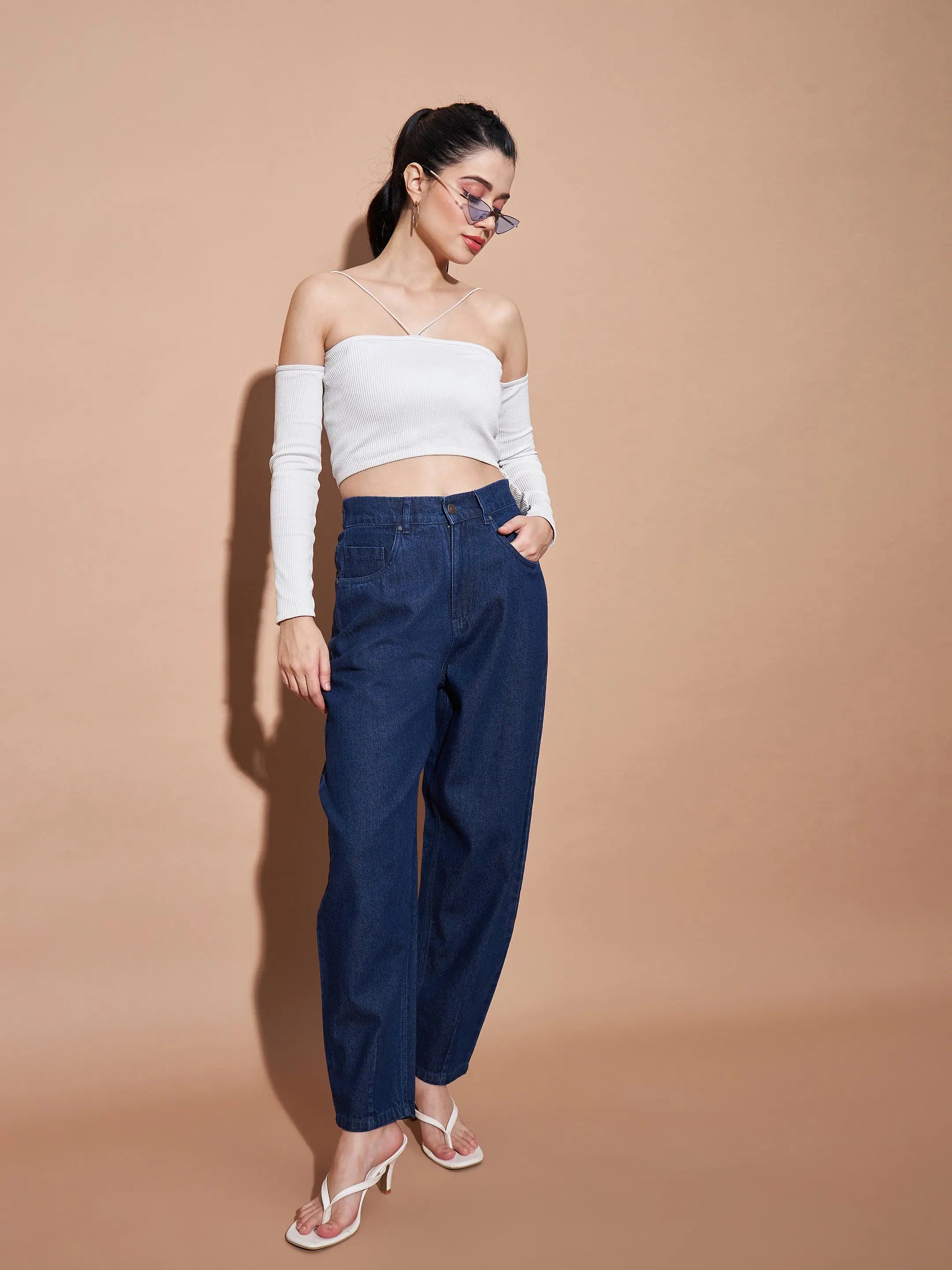 Women's Navy Balloon Fit Jeans | Mid Rise Denim