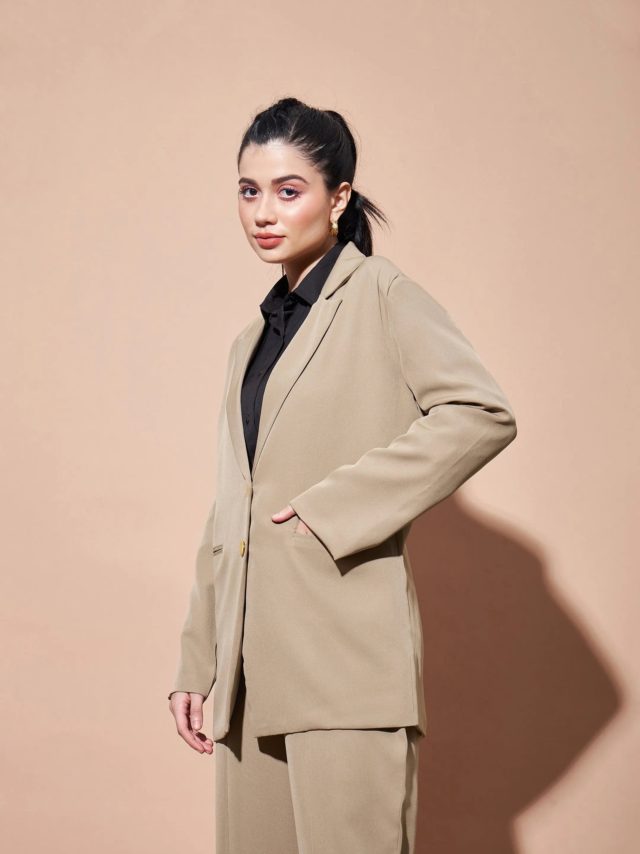 Women's Beige Notch Collar Blazer - Western Outfits for Women
