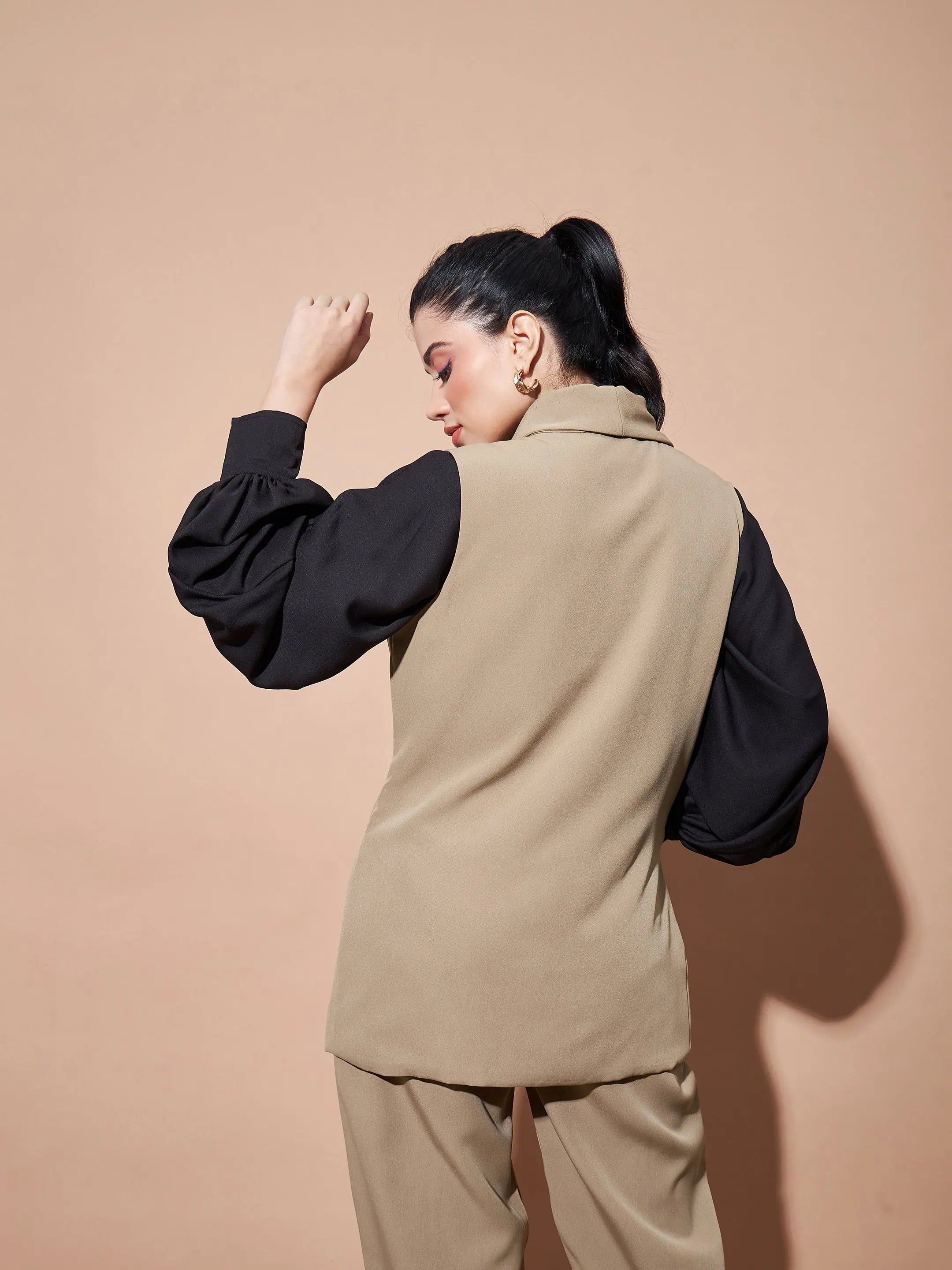 Beige Sleeveless Longline Blazer - Women's Western Clothing