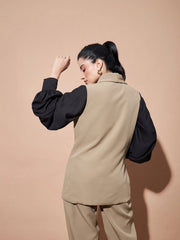 Women Beige Show Pocket Sleeveless Longline Blazer