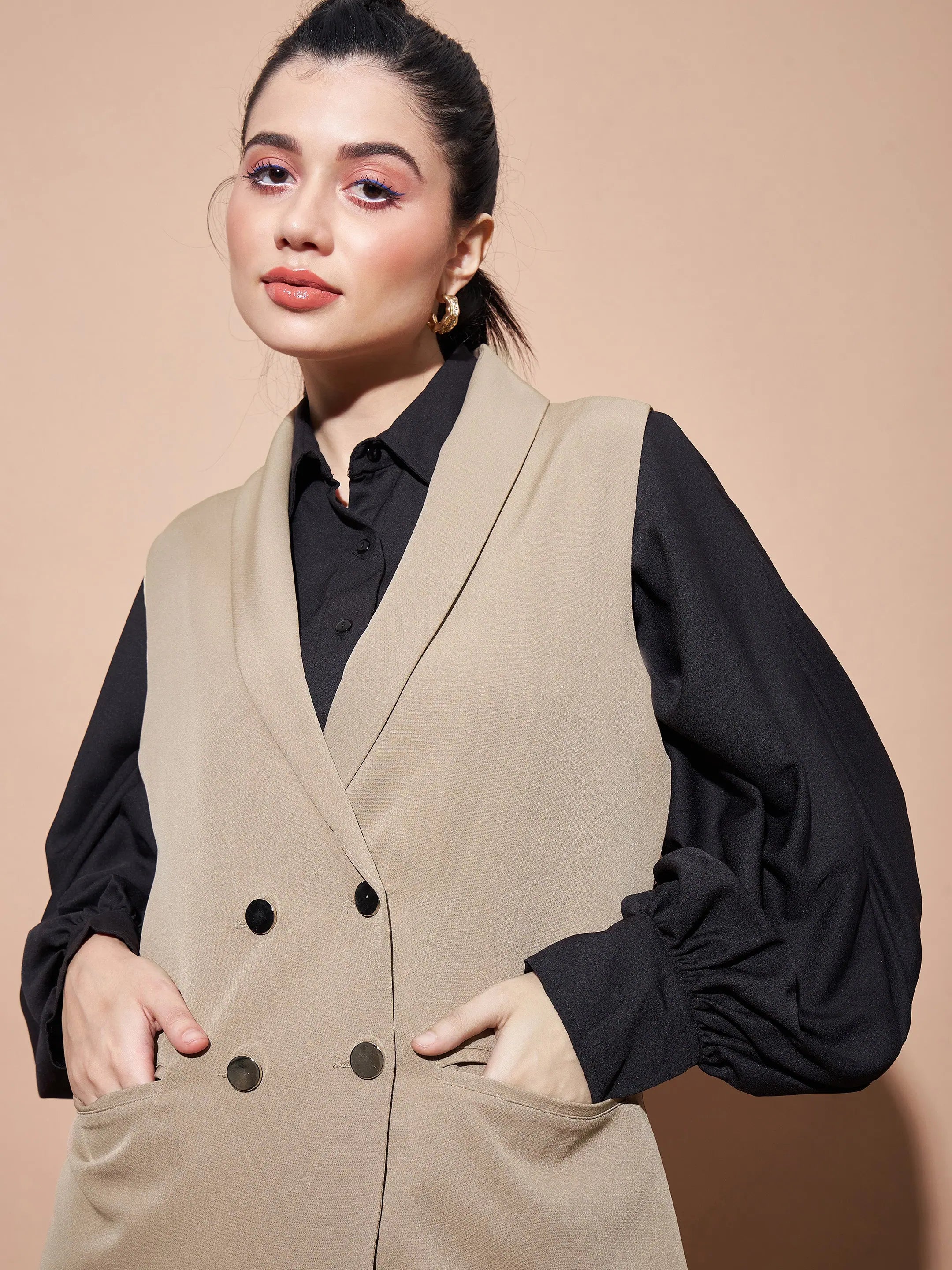 Beige Sleeveless Longline Blazer - Women's Western Clothing