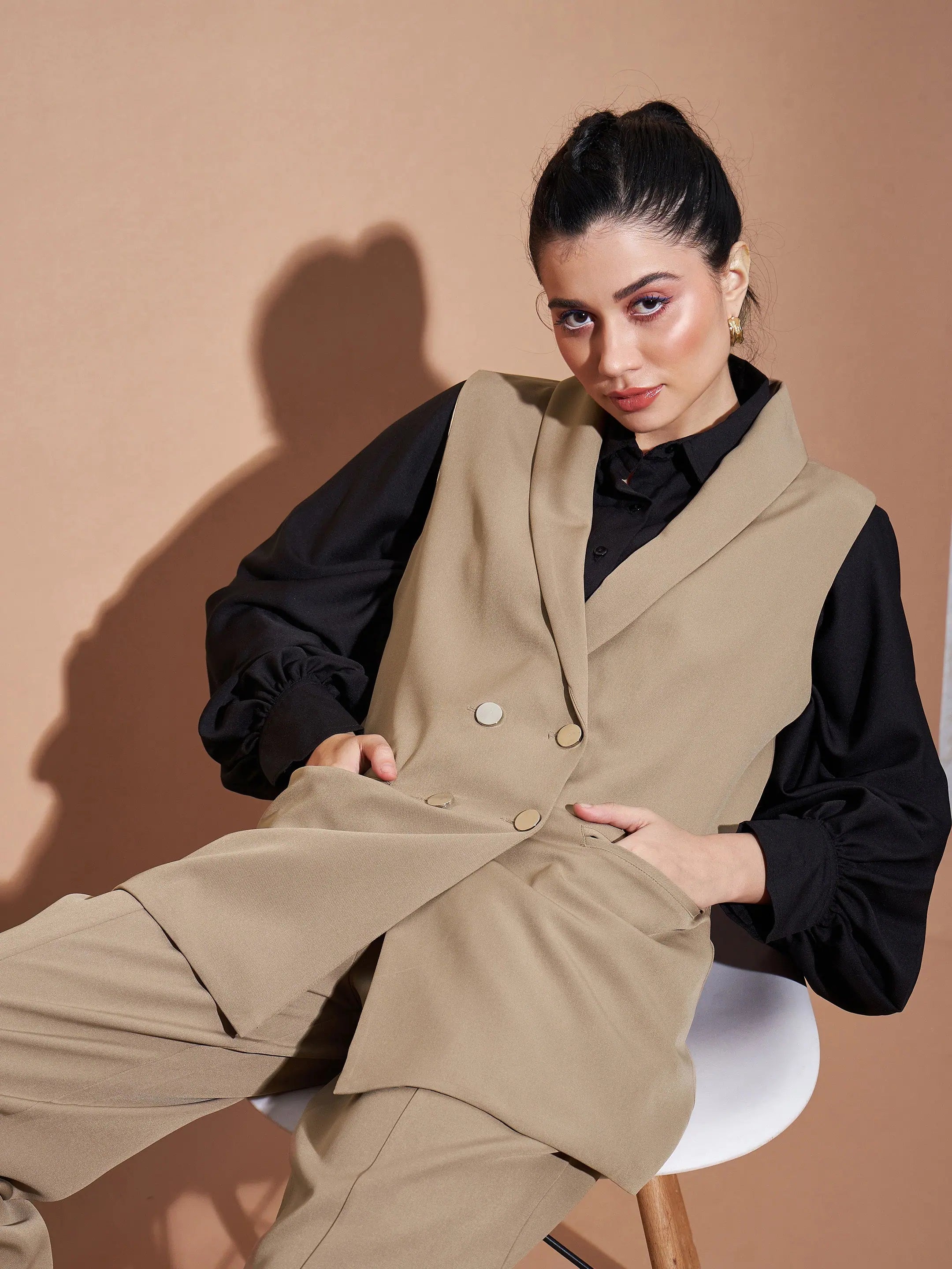 Beige Sleeveless Longline Blazer - Women's Western Clothing