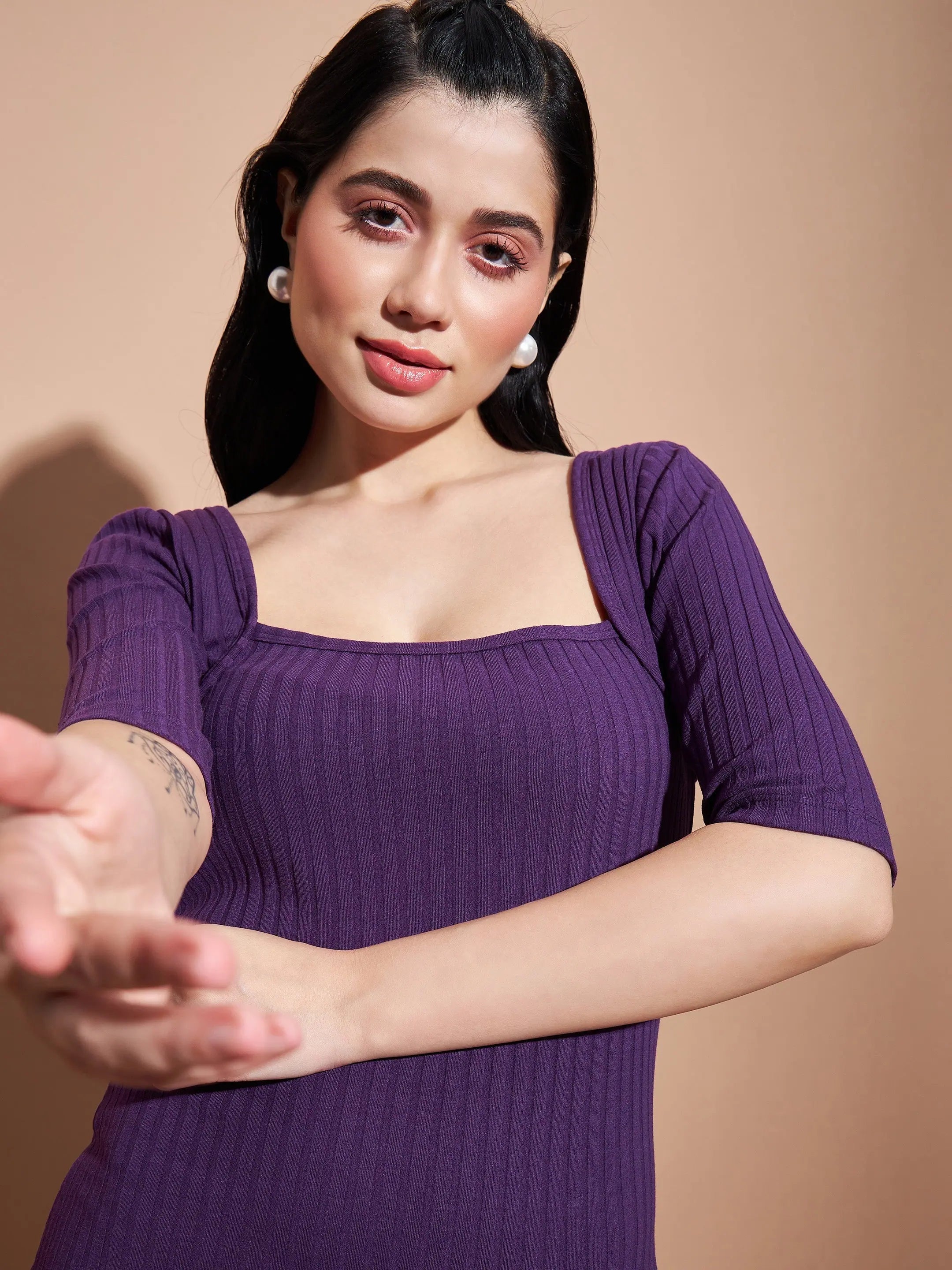 Purple Rib Square Neck Short Dress - Women's Designer Lehenga