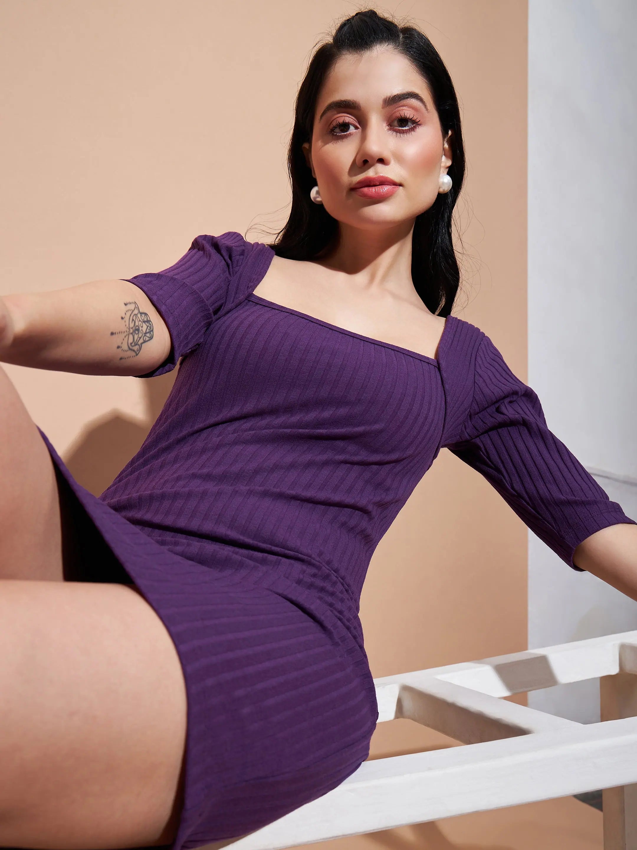 Purple Rib Square Neck Short Dress - Women's Designer Lehenga