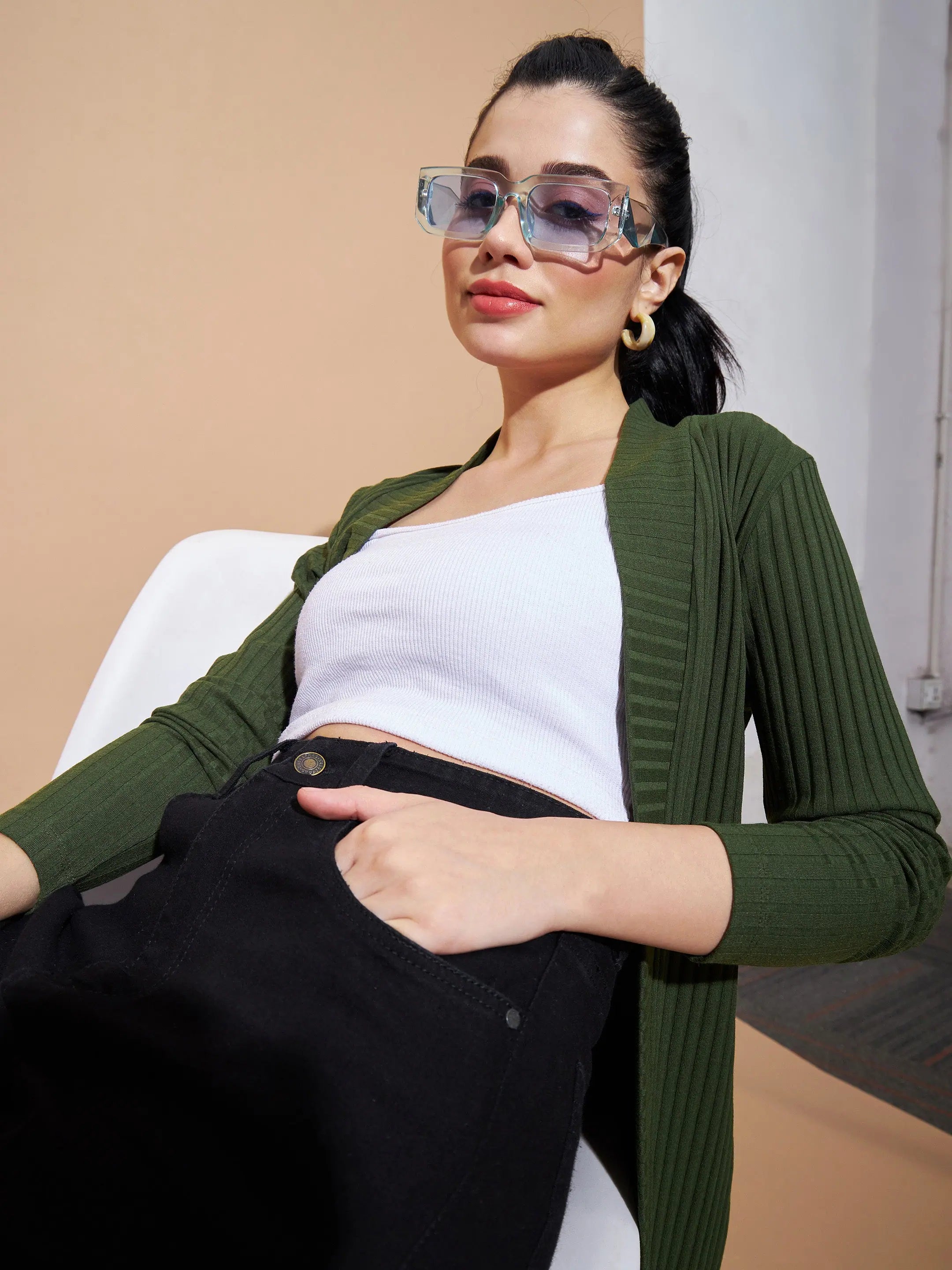 Olive Rib Shrug for Women - Cotton Western Wear Outfits