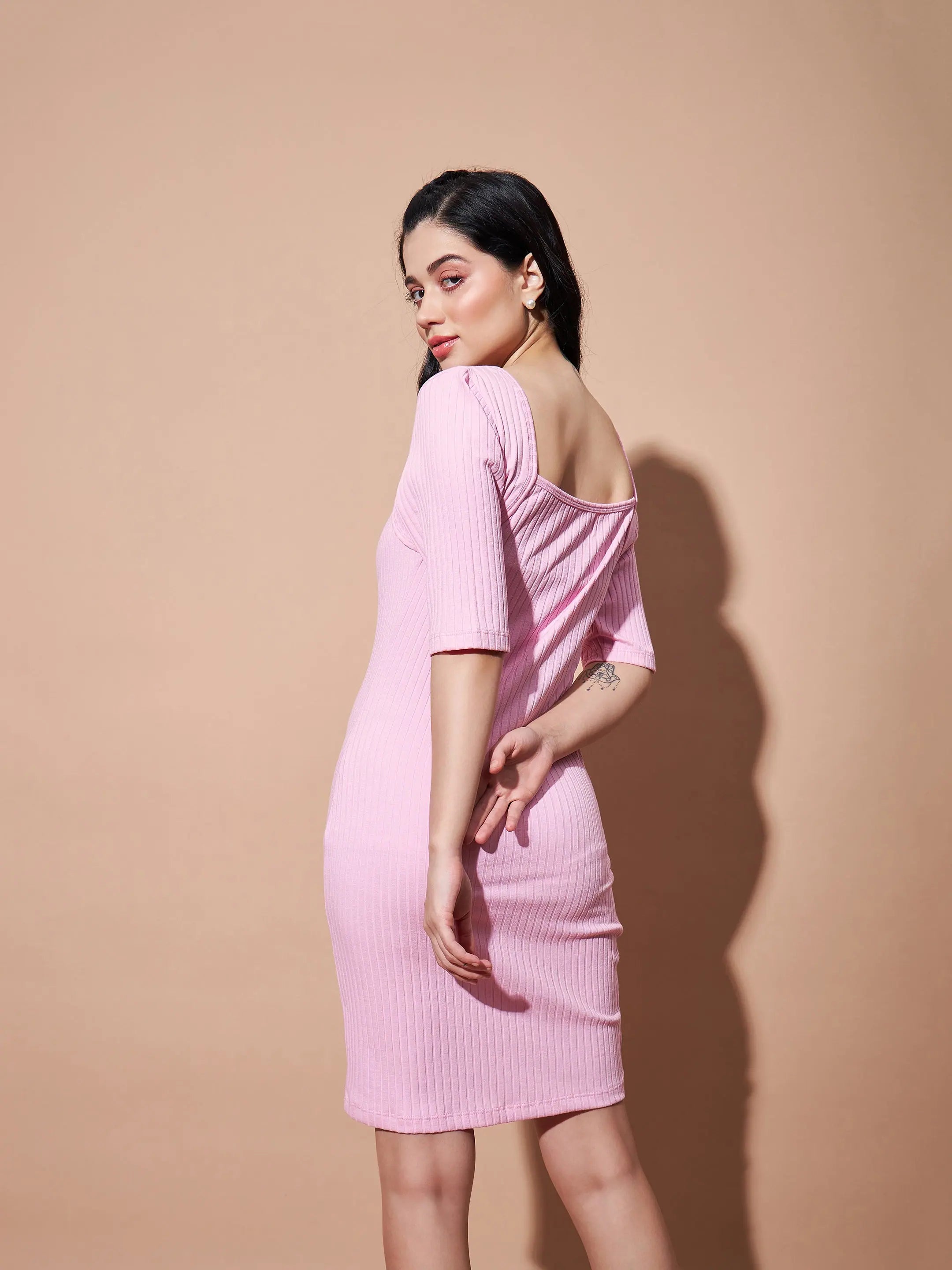 Pink Rib Square Neck Short Dress - Festive Lehenga