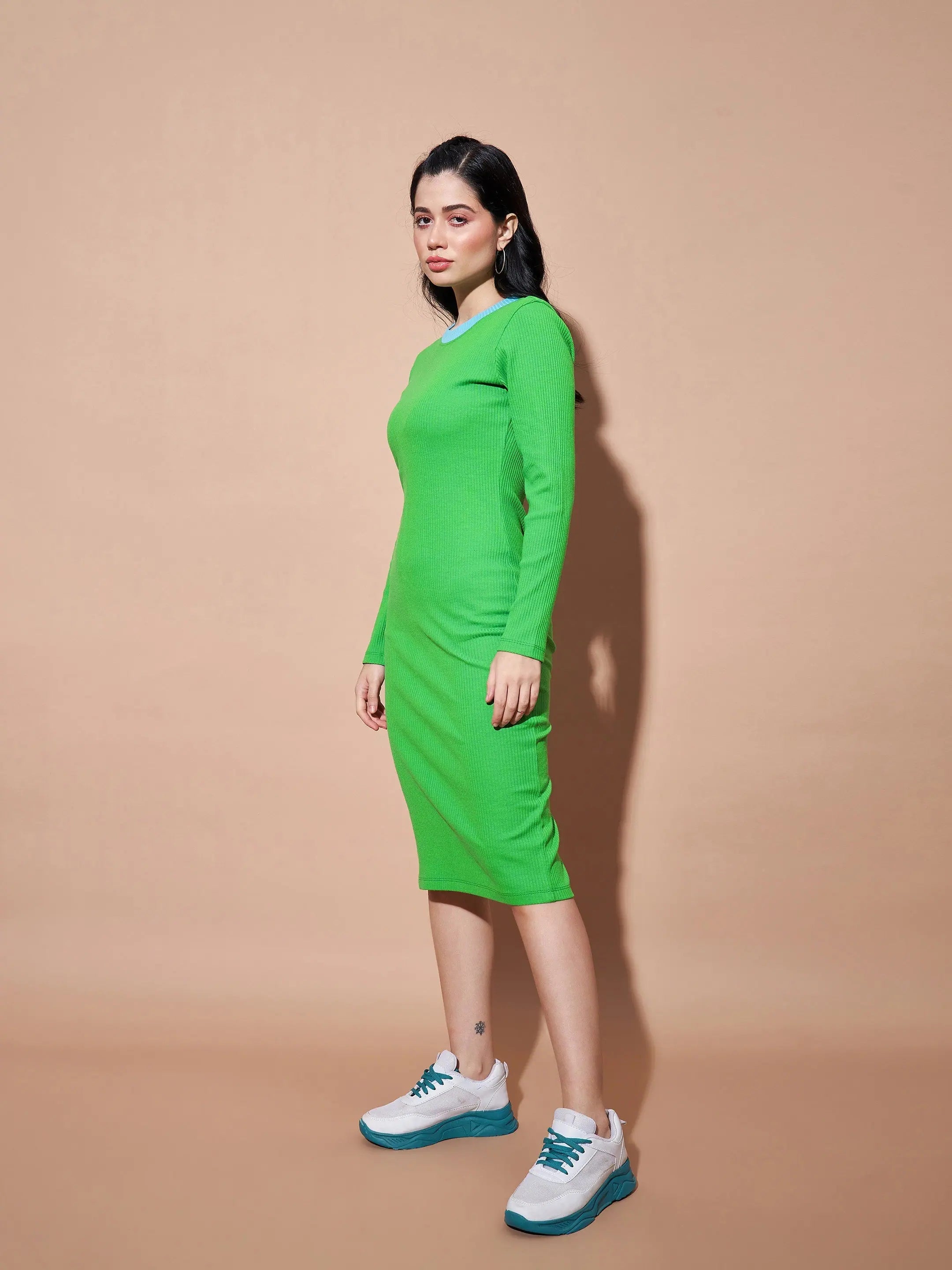 Green Contrast Rib Bodycon Dress | Slim Fit Cotton Dress